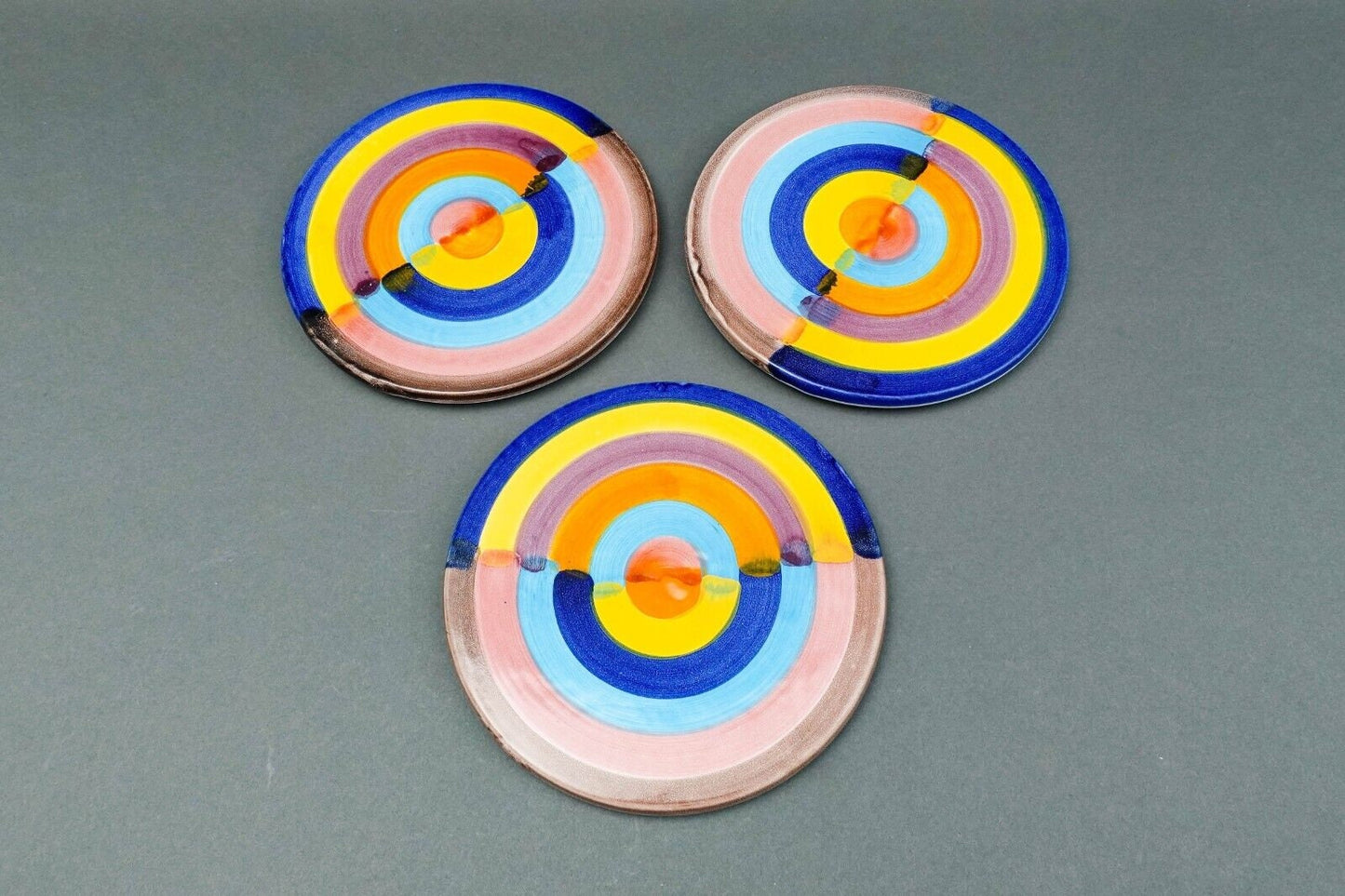 Italian Hand Painted Colorful Pottery Round 7 1/4" Trivet Hot Plate Set Of 3