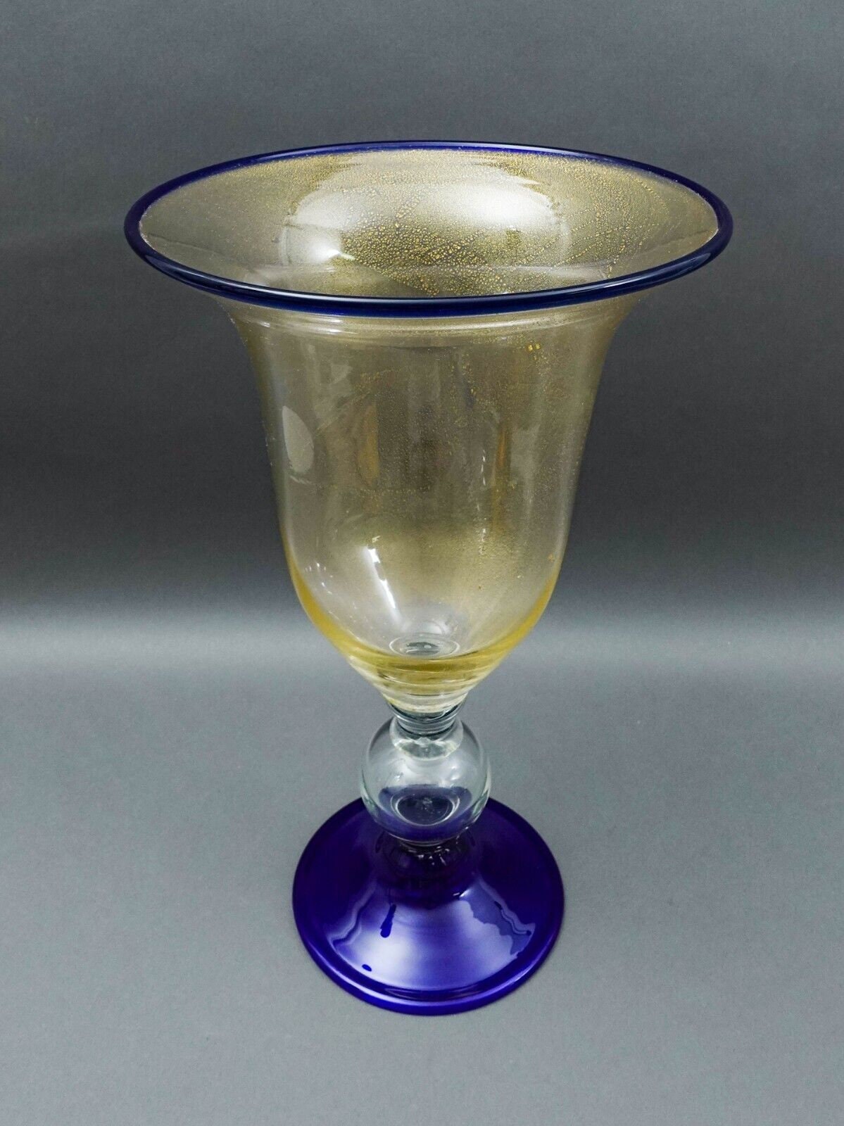 Murano Large Hand Blown Cobalt Blue Gold Fleck Art Glass Pedestal Vase 18 1/2"