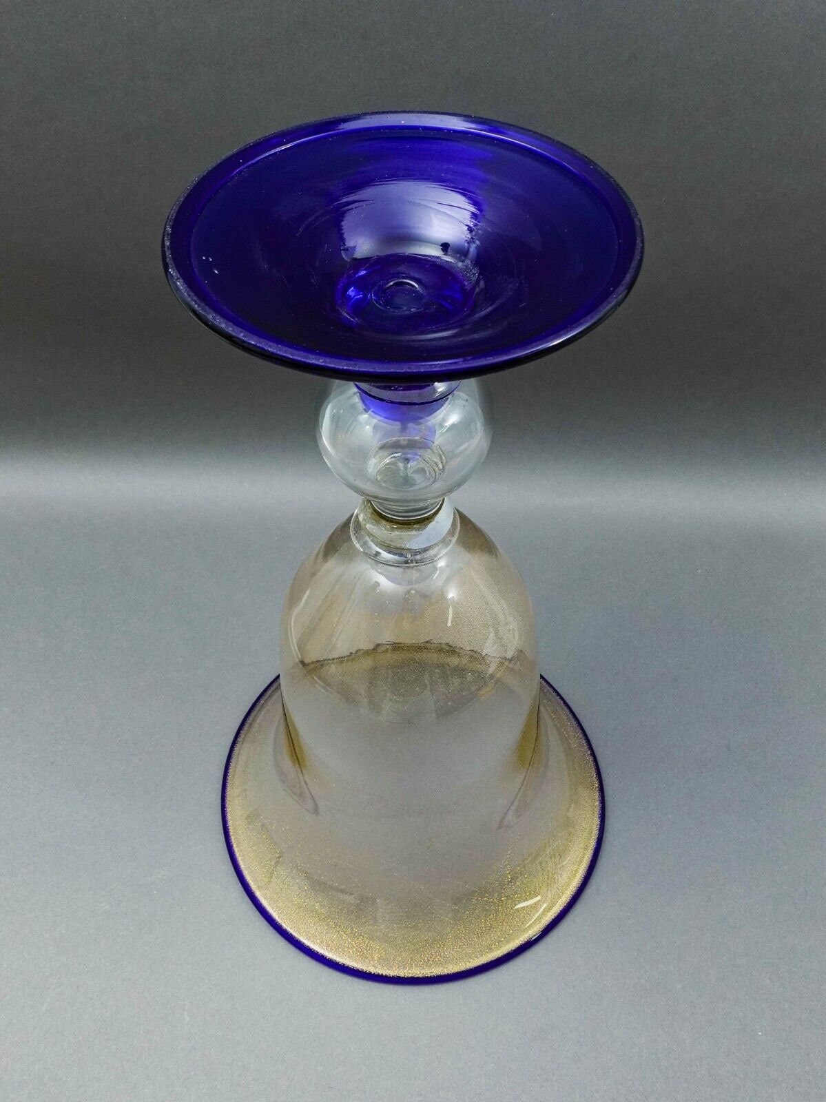 Murano Large Hand Blown Cobalt Blue Gold Fleck Art Glass Pedestal Vase 18 1/2"