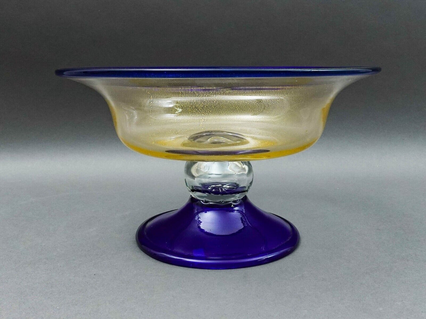 Murano Large Cobalt Blue Gold Fleck Art Glass Compote Centerpiece Bowl 12.25"