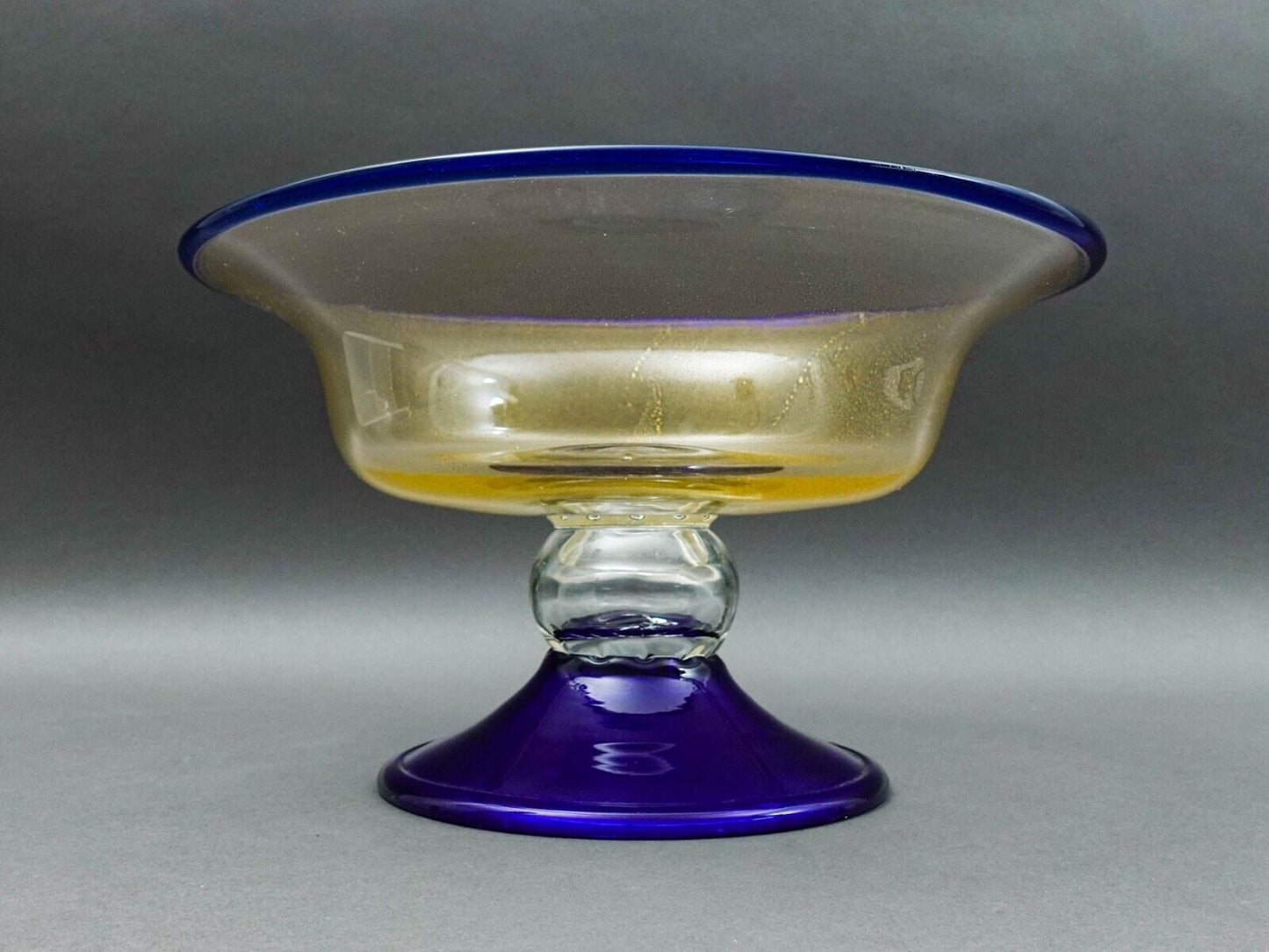 Murano Large Cobalt Blue Gold Fleck Art Glass Compote Centerpiece Bowl 12.25"