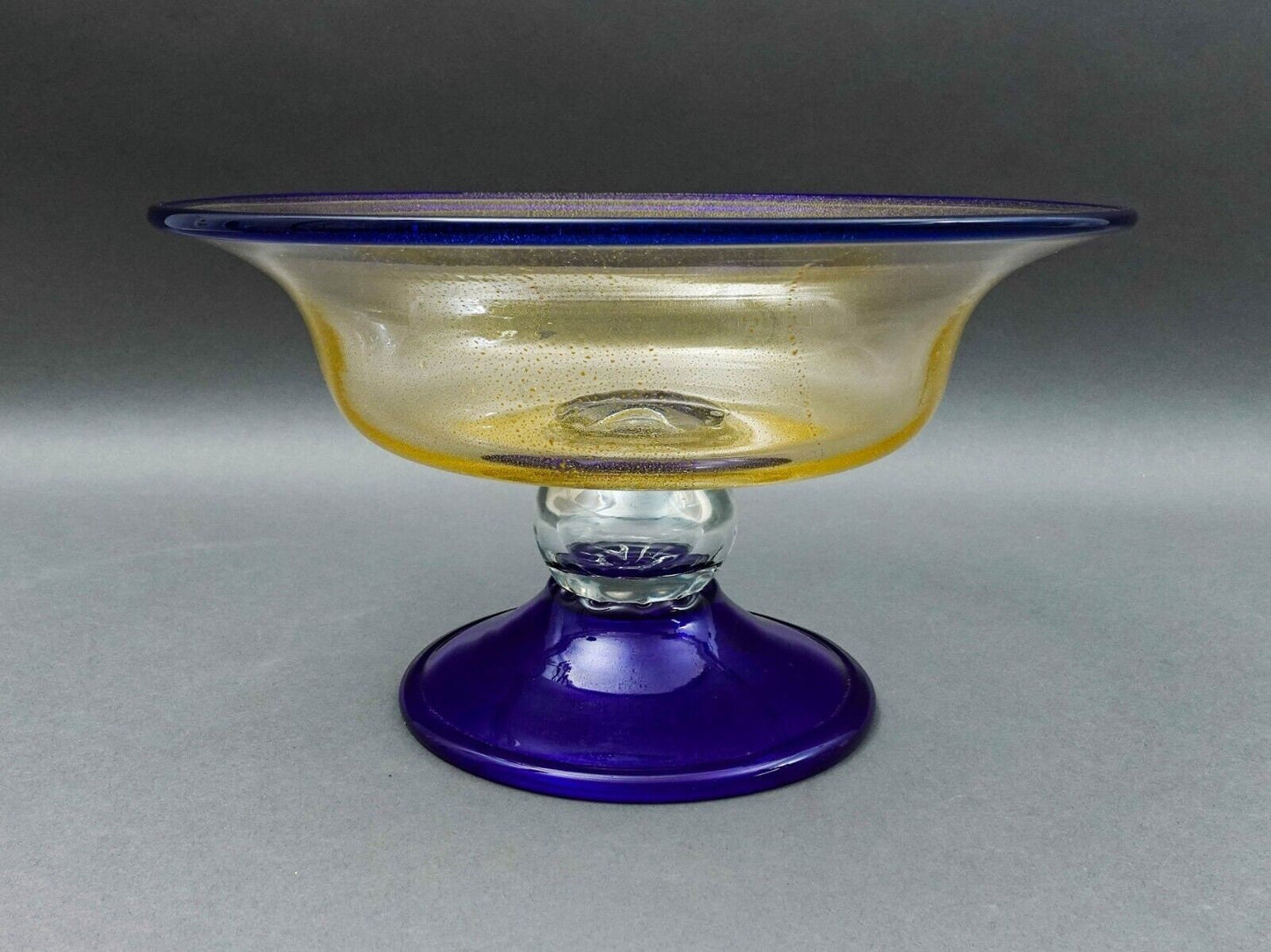 Murano Large Cobalt Blue Gold Fleck Art Glass Compote Centerpiece Bowl 12.25"