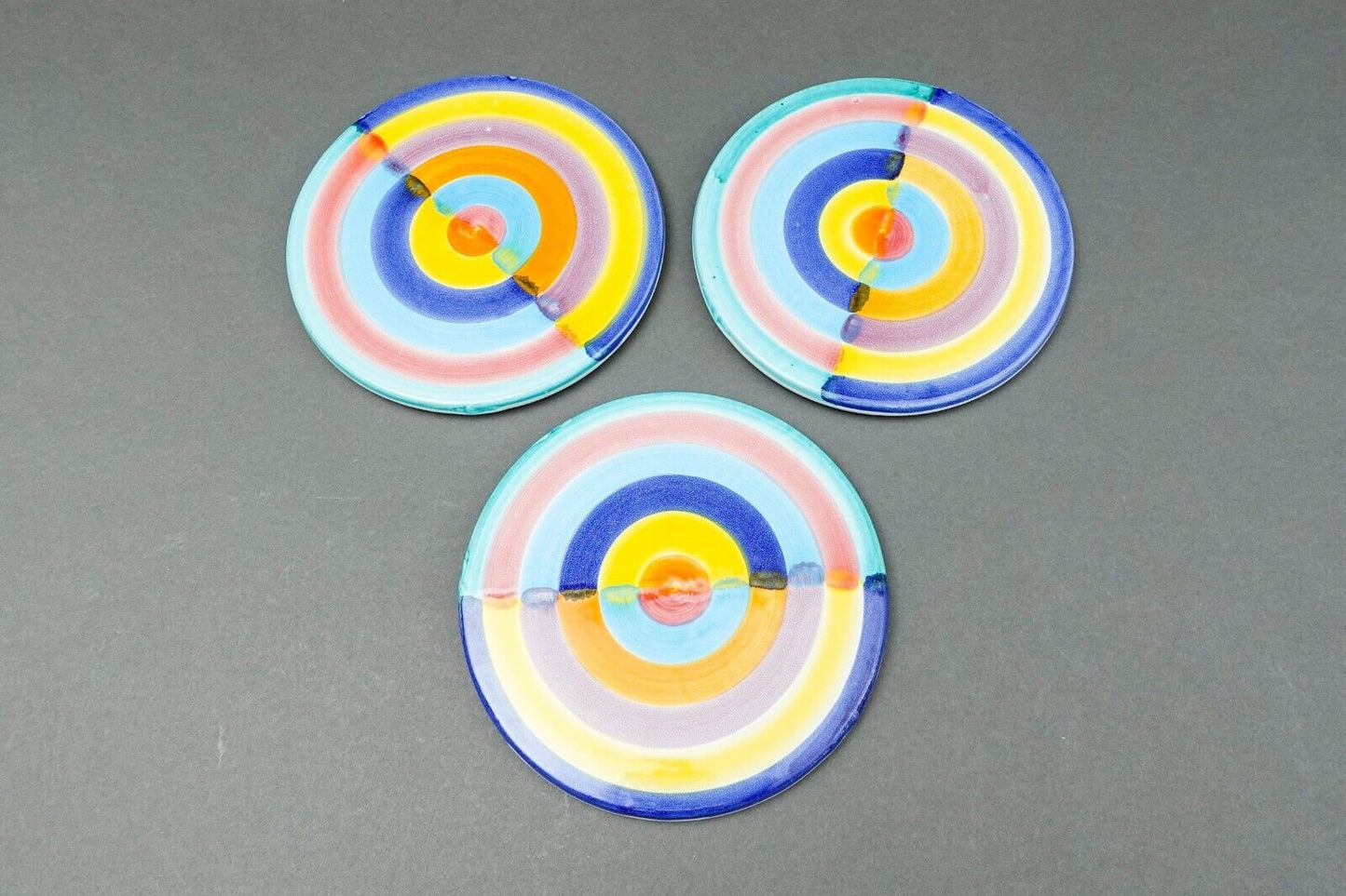 Italian Hand Painted Colorful Pottery Round 7 1/4" Trivet Hot Plate Set Of 3