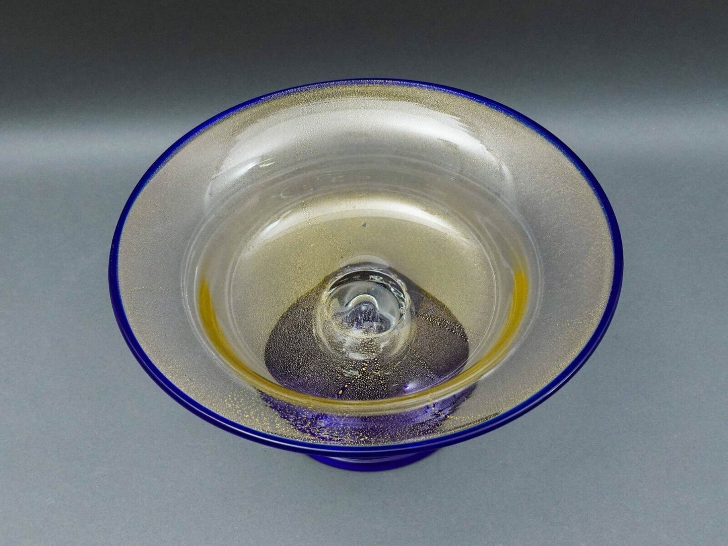 Murano Large Cobalt Blue Gold Fleck Art Glass Compote Centerpiece Bowl 12.25"
