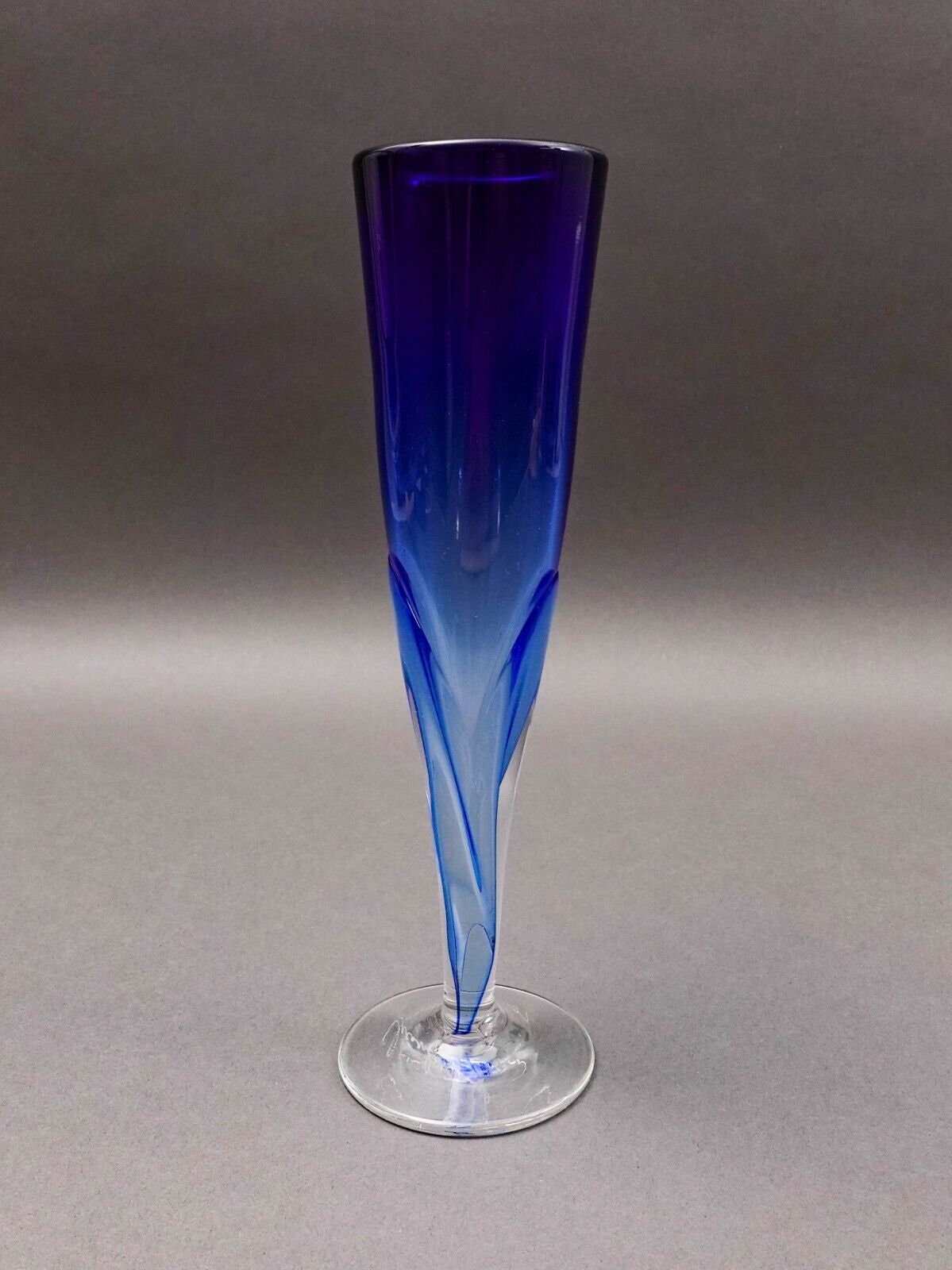 Vintage Signed 1987 Blue Hand Blown Art Glass Fluted Bud Vase 10 3/8"