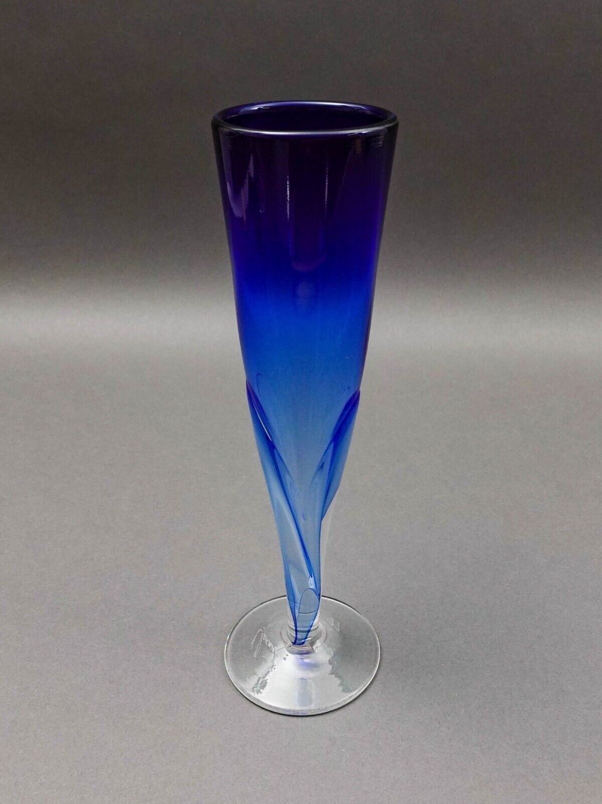 Vintage Signed 1987 Blue Hand Blown Art Glass Fluted Bud Vase 10 3/8"