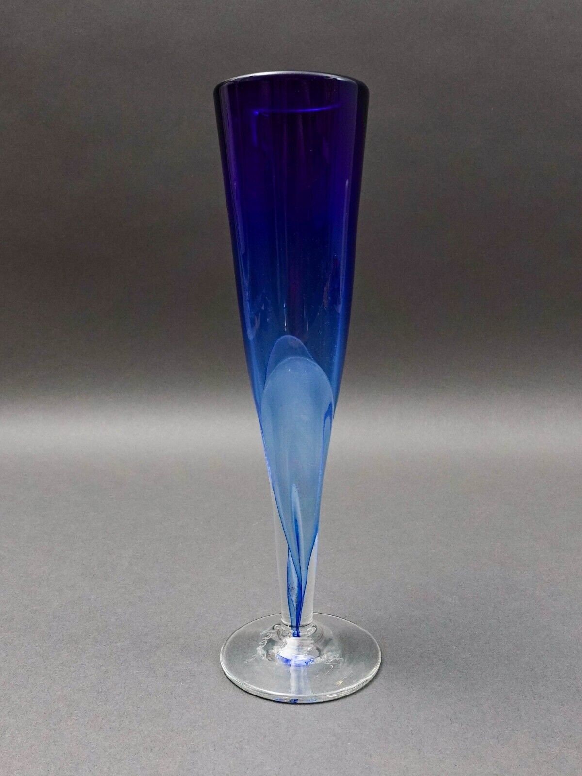 Vintage Signed 1987 Blue Hand Blown Art Glass Fluted Bud Vase 10 3/8"
