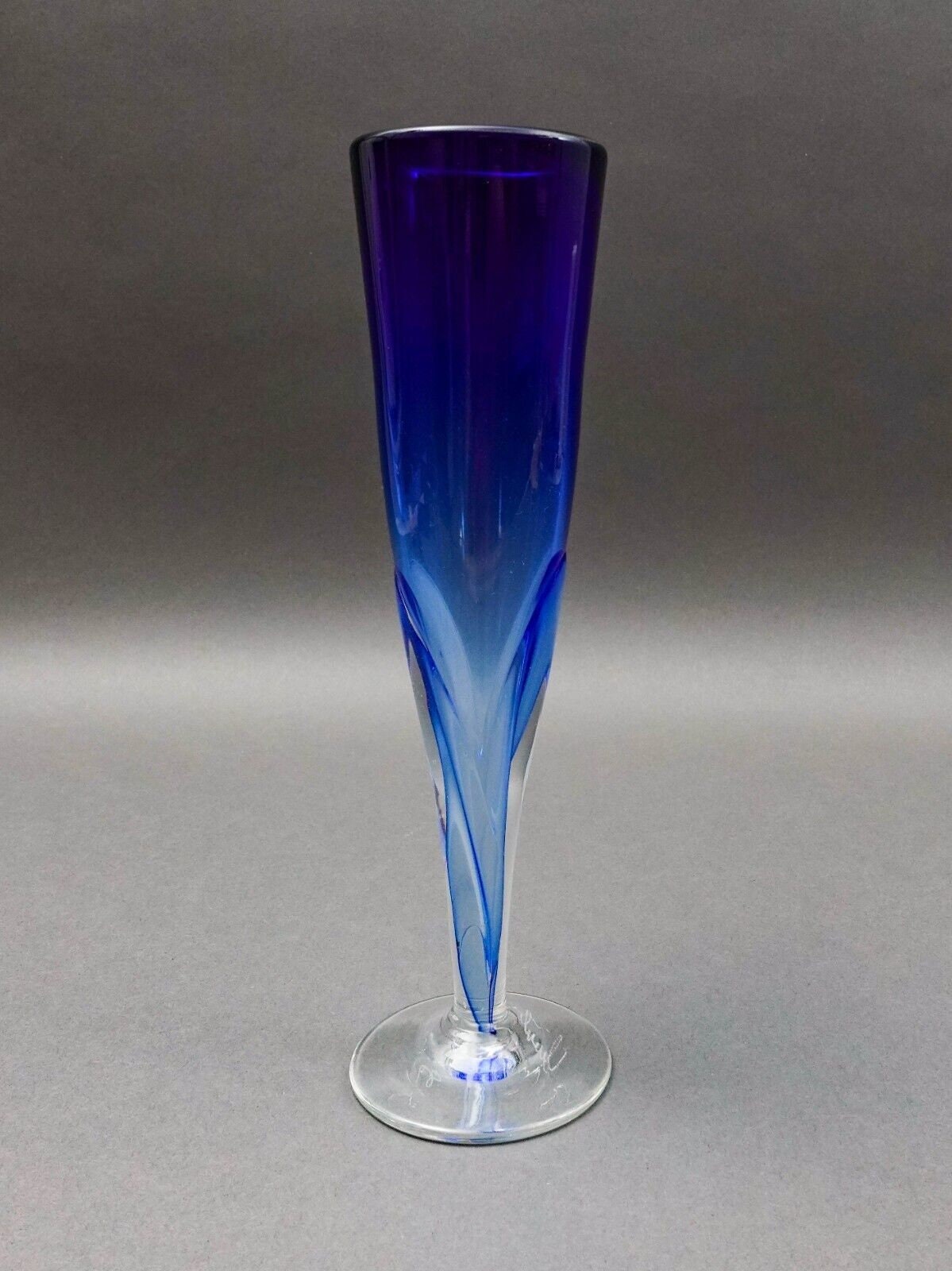 Vintage Signed 1987 Blue Hand Blown Art Glass Fluted Bud Vase 10 3/8"