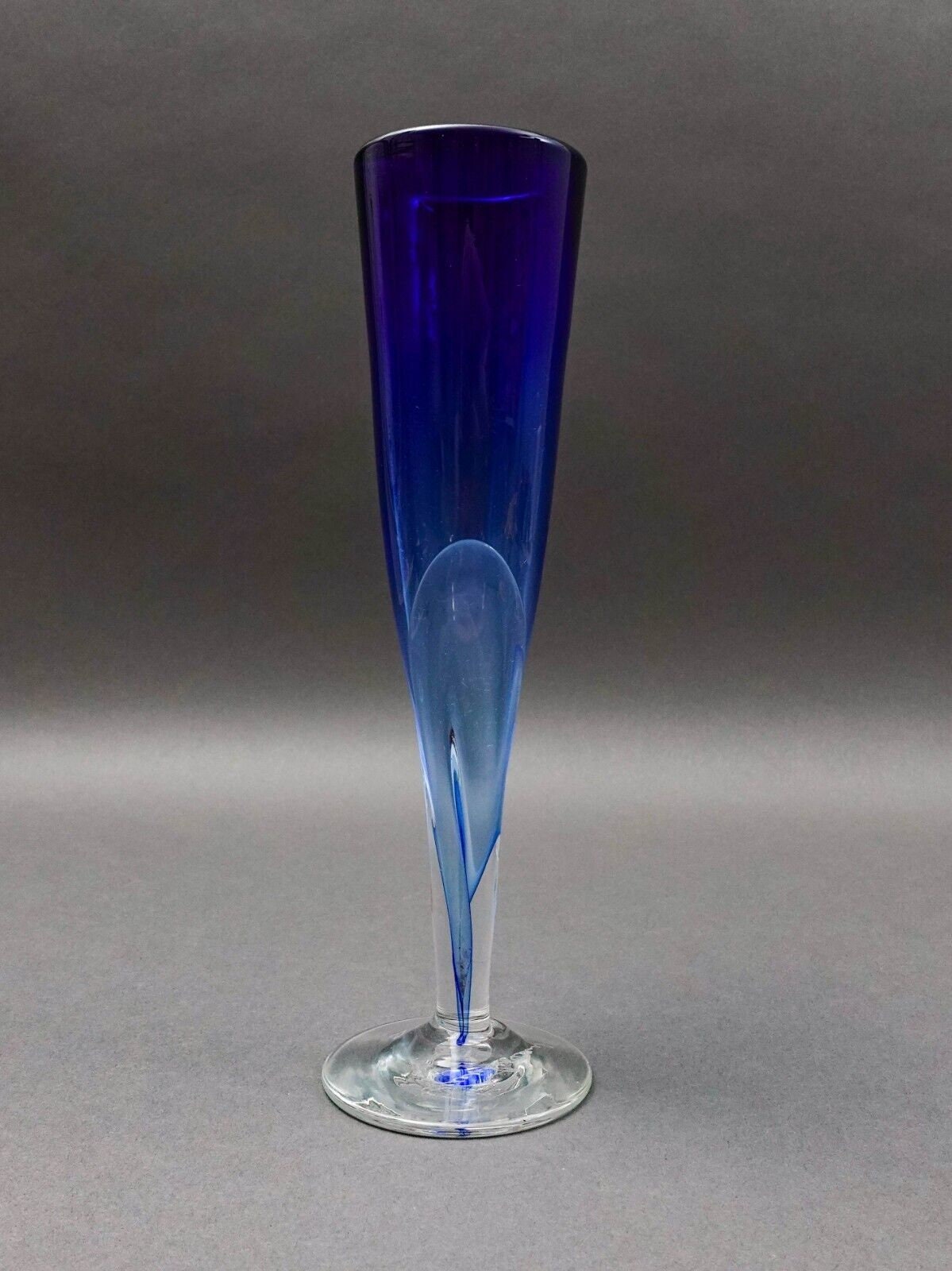 Vintage Signed 1987 Blue Hand Blown Art Glass Fluted Bud Vase 10 3/8"
