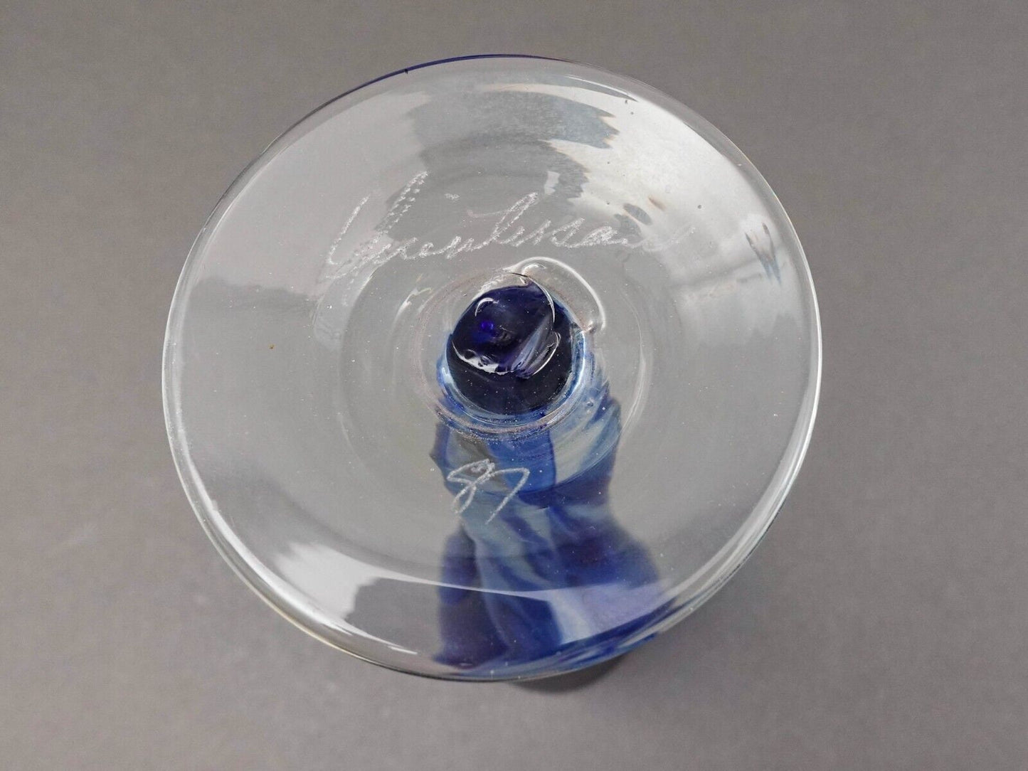 Vintage Signed 1987 Blue Hand Blown Art Glass Fluted Bud Vase 10 3/8"