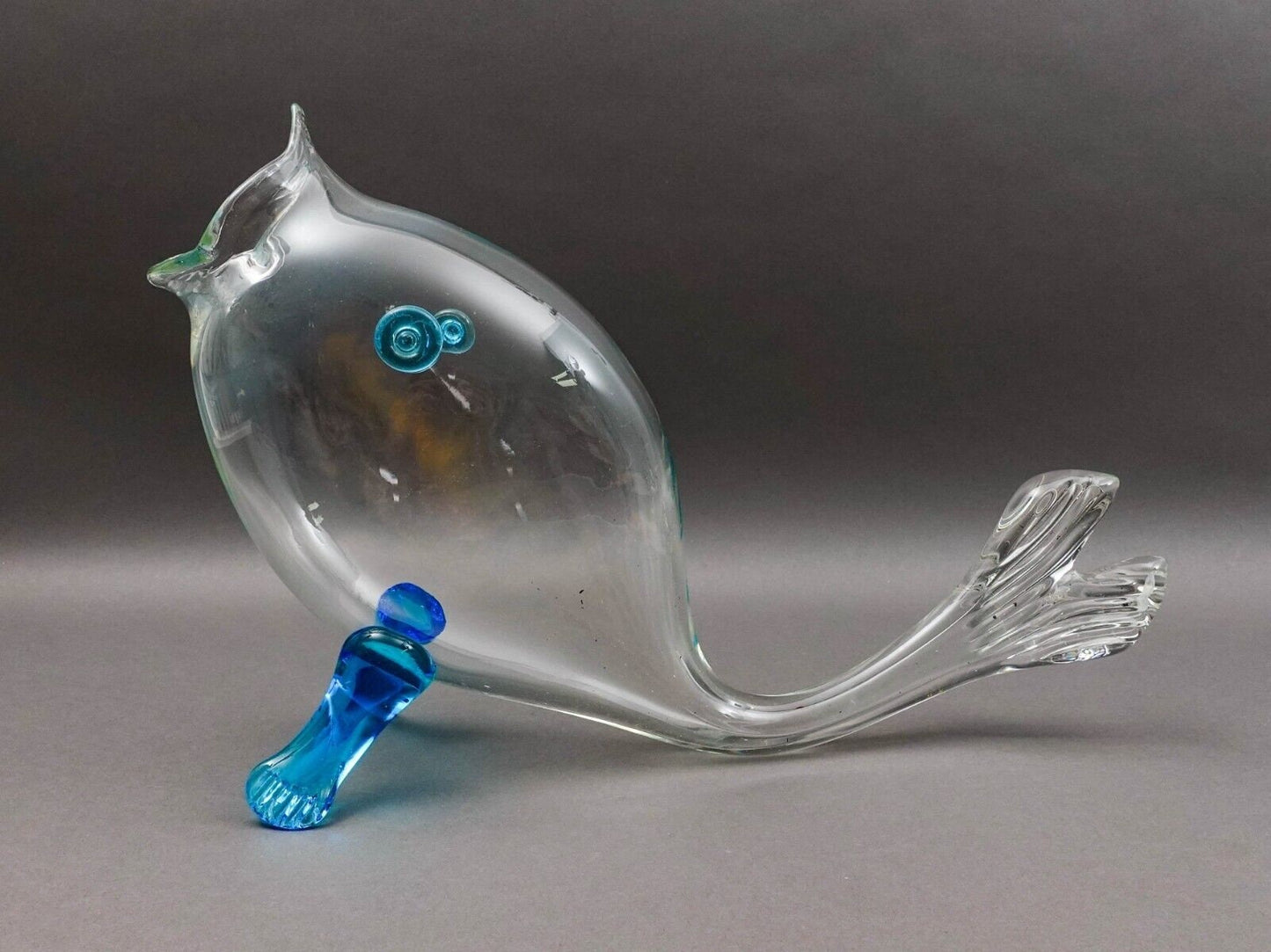 Empoli Italian MCM Large Fish Blue Clear Art Glass Bowl Vase Sculpture 20 1/2"
