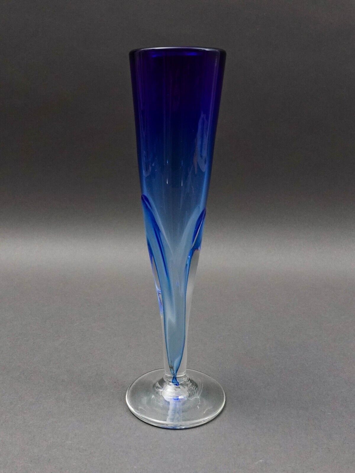 Vintage Signed 1987 Blue Hand Blown Art Glass Fluted Bud Vase 10 3/8"
