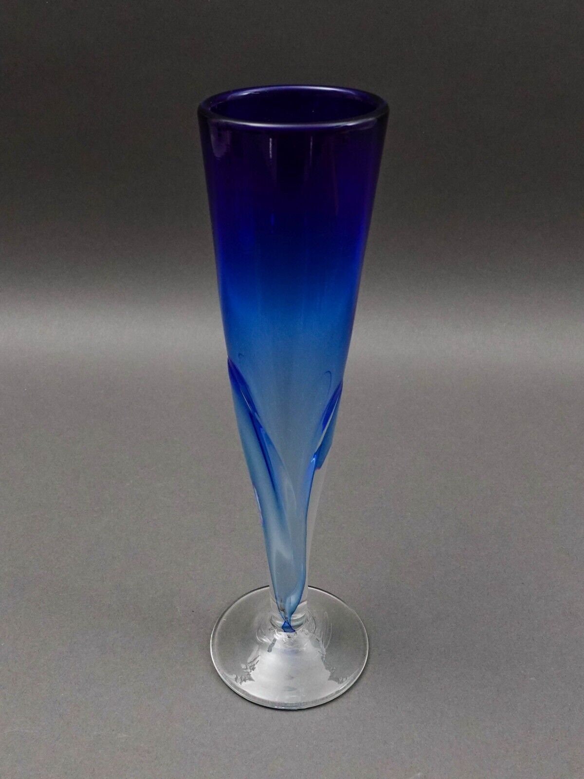 Vintage Signed 1987 Blue Hand Blown Art Glass Fluted Bud Vase 10 3/8"