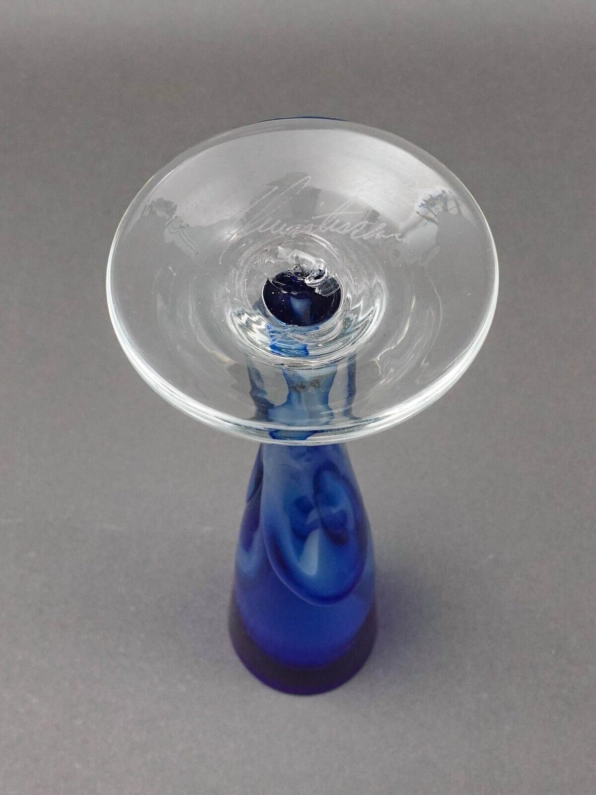 Vintage Signed 1987 Blue Hand Blown Art Glass Fluted Bud Vase 10 3/8"