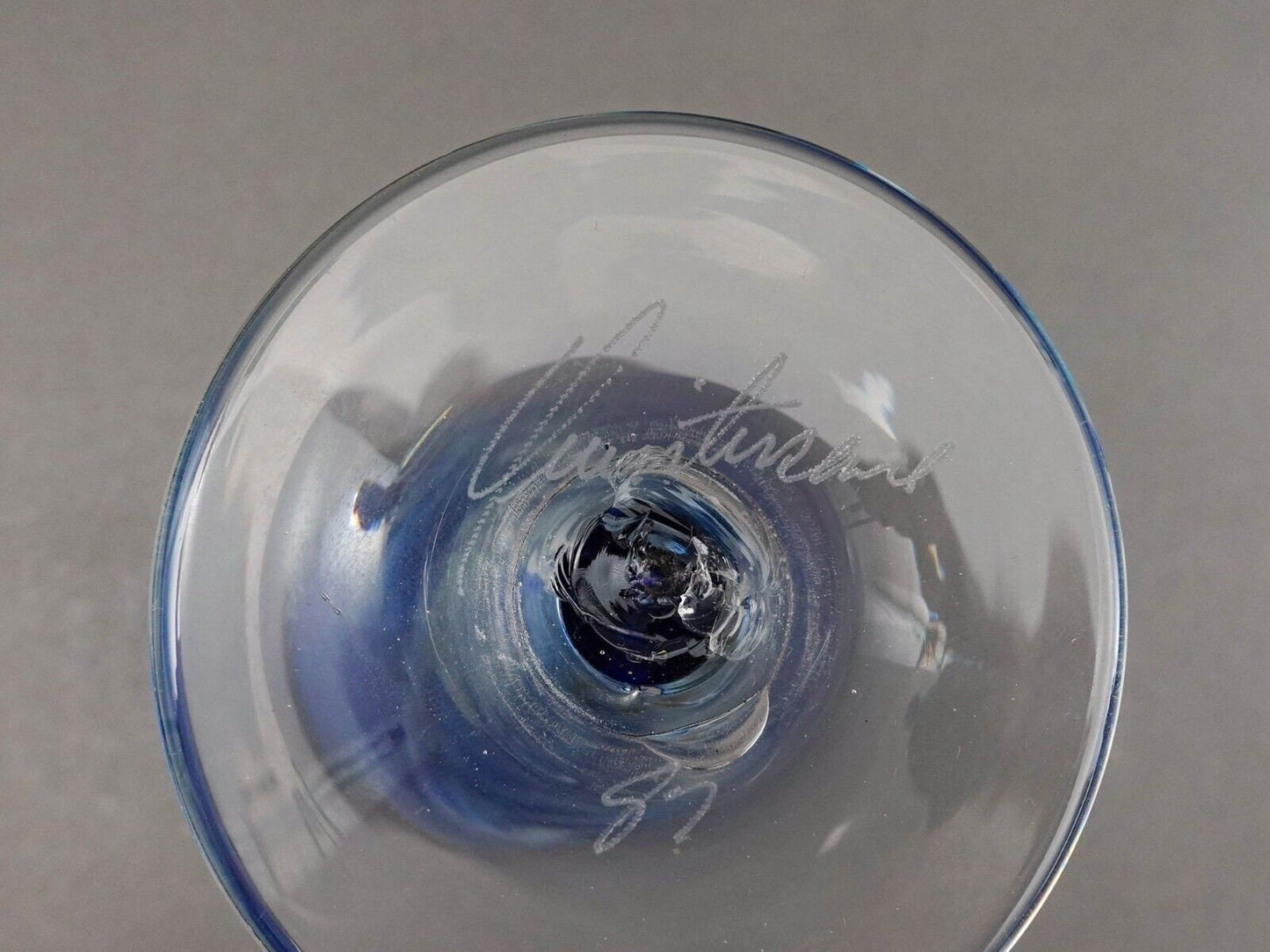 Vintage Signed 1987 Blue Hand Blown Art Glass Fluted Bud Vase 10 3/8"