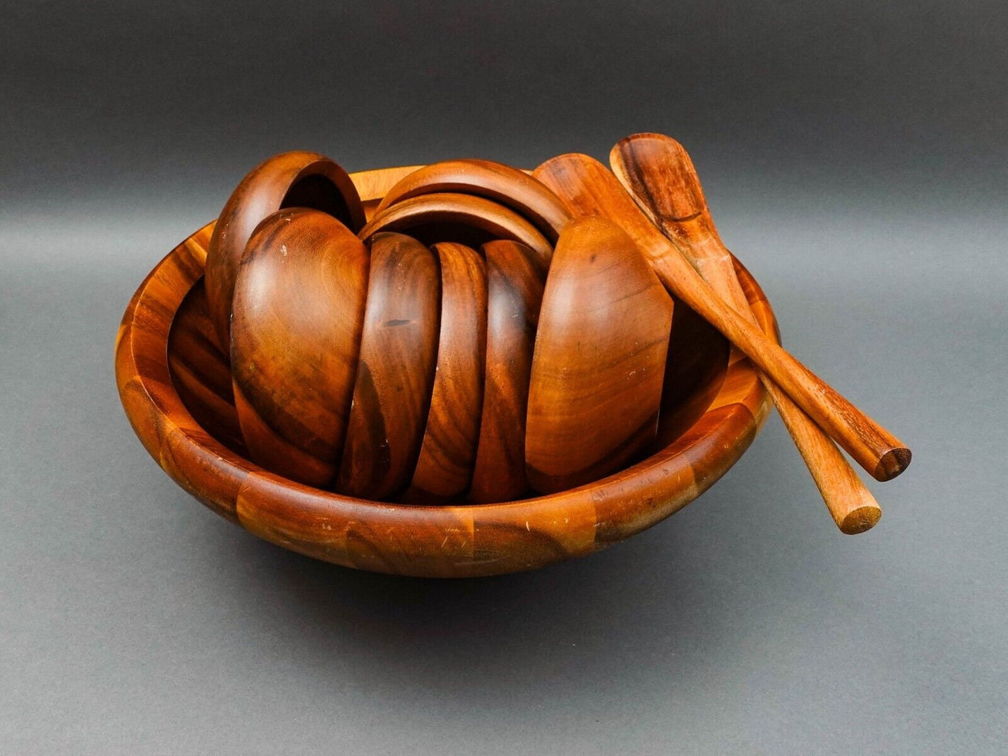 Dansk JHQ Teak Wood 16 1/4" Large Bowl With Servers & (8) 6 1/2" Small Bowls Set