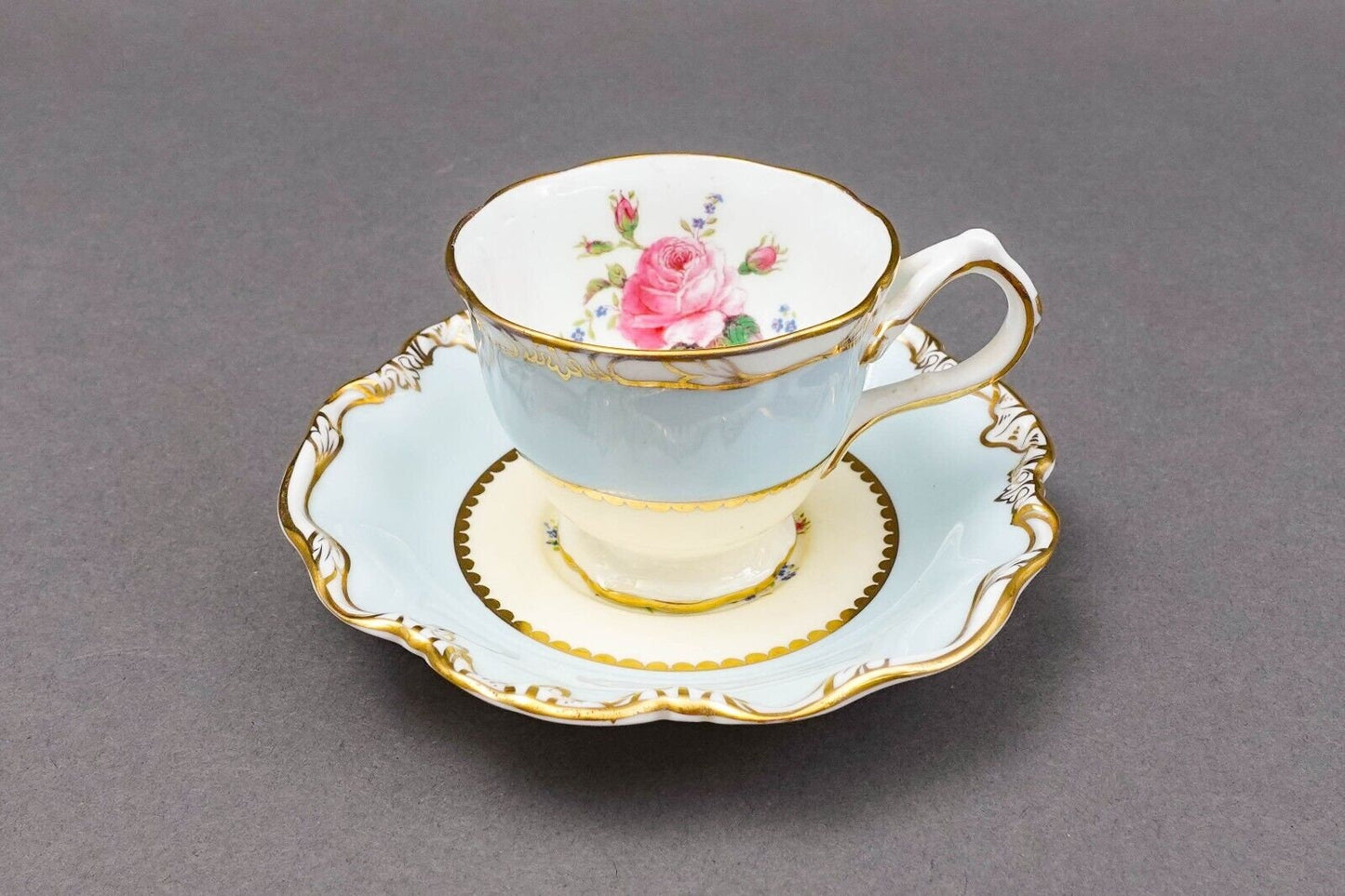 George Jones Crescent England Rose Floral Blue Gold Demitasse Cup & Saucer