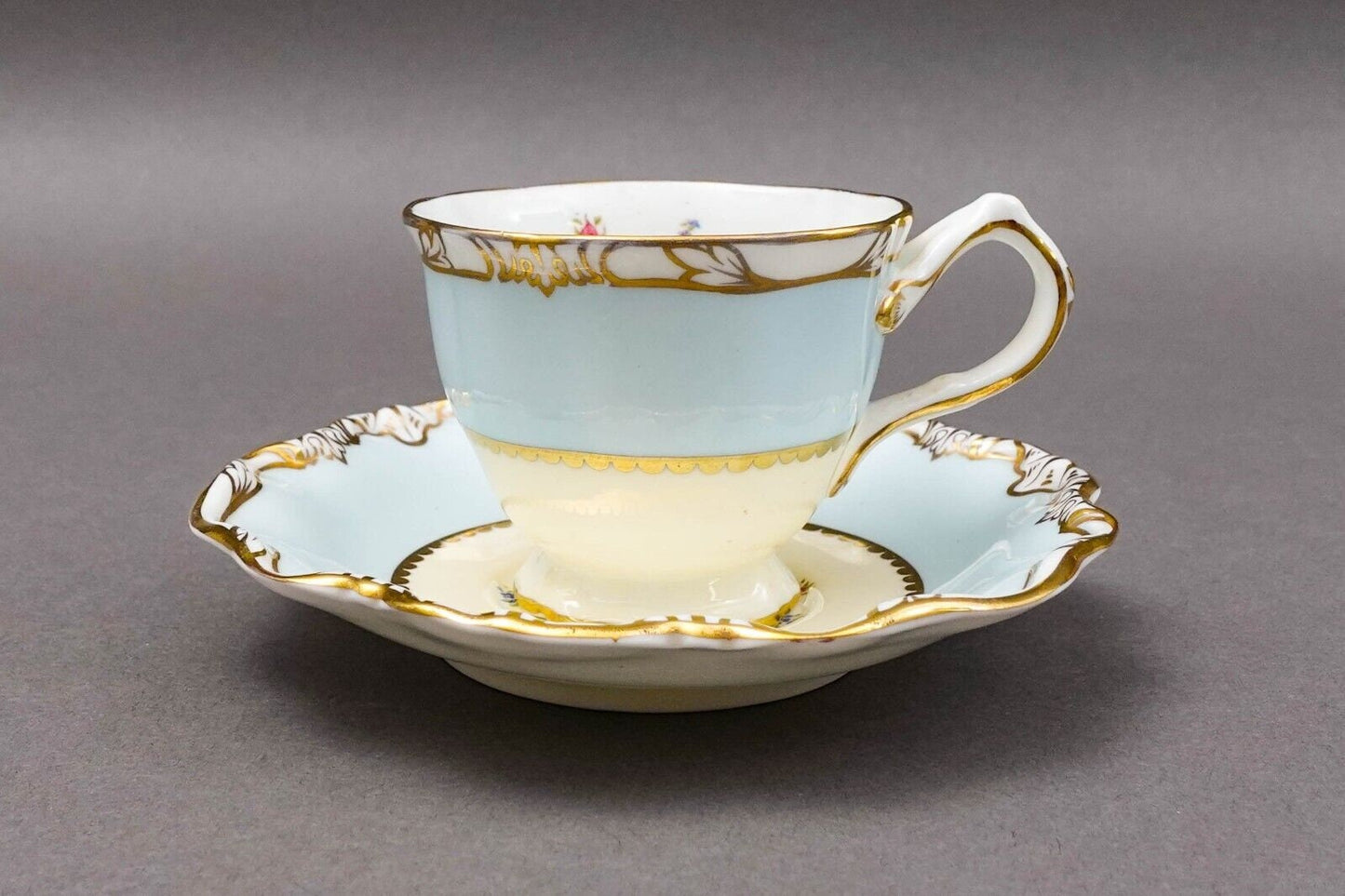 George Jones Crescent England Rose Floral Blue Gold Demitasse Cup & Saucer