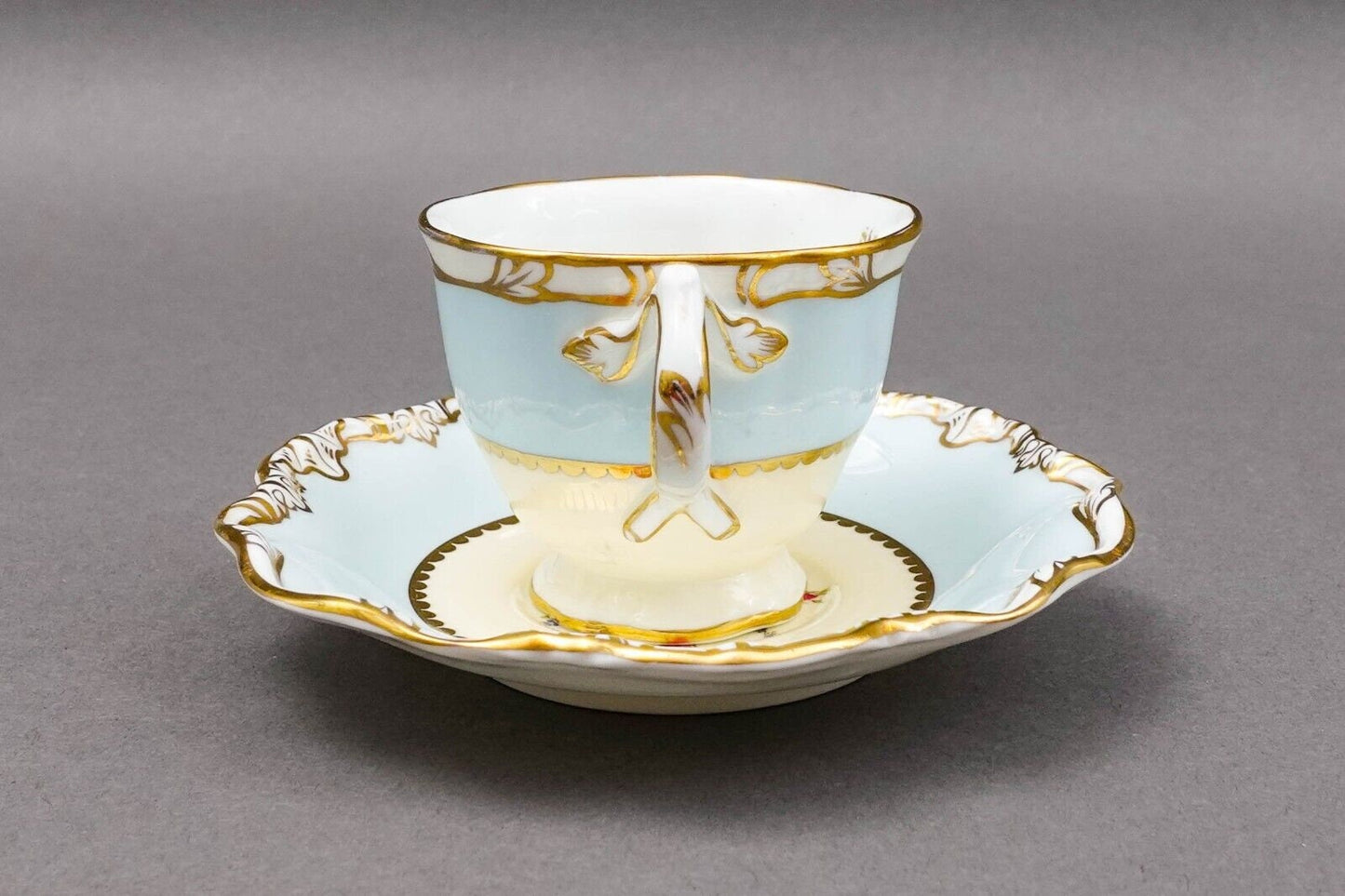 George Jones Crescent England Rose Floral Blue Gold Demitasse Cup & Saucer