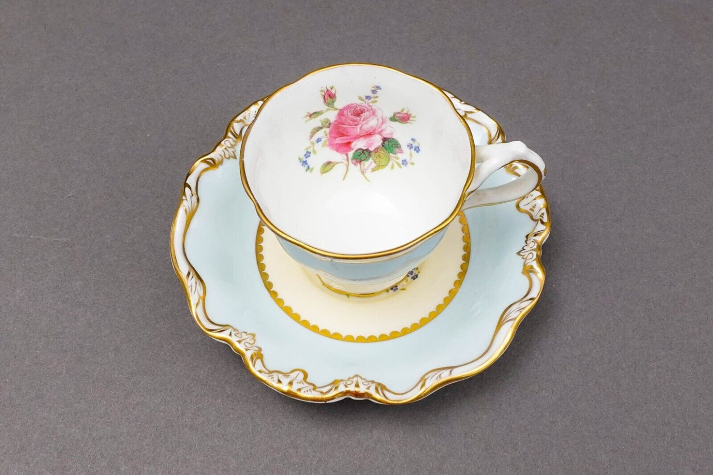 George Jones Crescent England Rose Floral Blue Gold Demitasse Cup & Saucer
