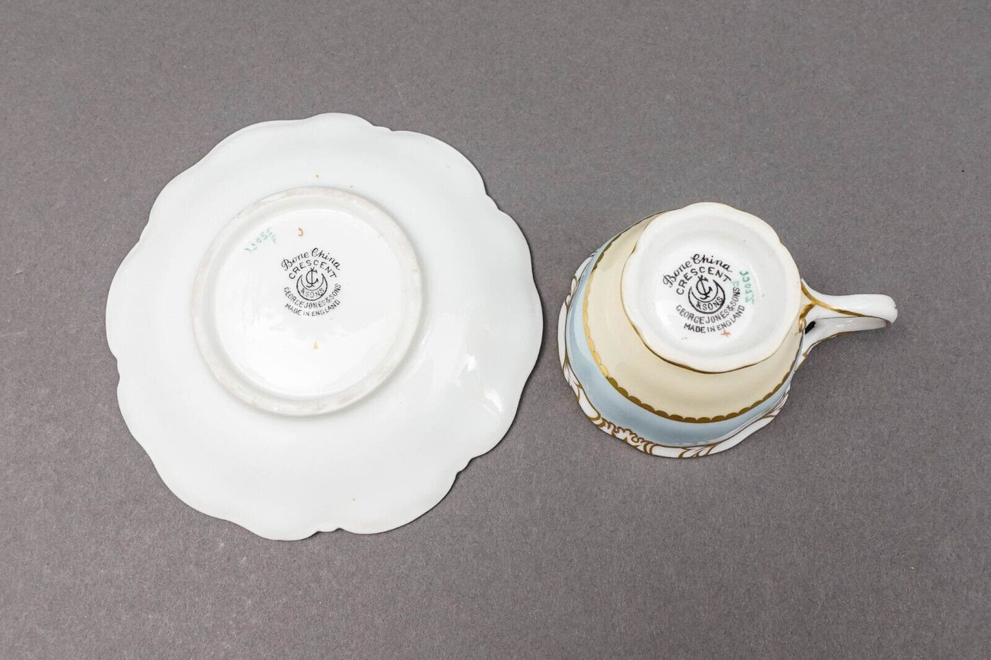 George Jones Crescent England Rose Floral Blue Gold Demitasse Cup & Saucer