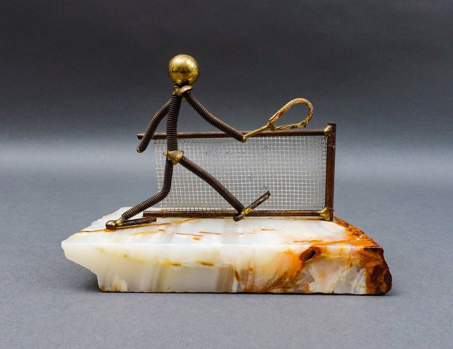 John DeMott Signed Vintage Brass Onyx Base Tennis Player Sculpture