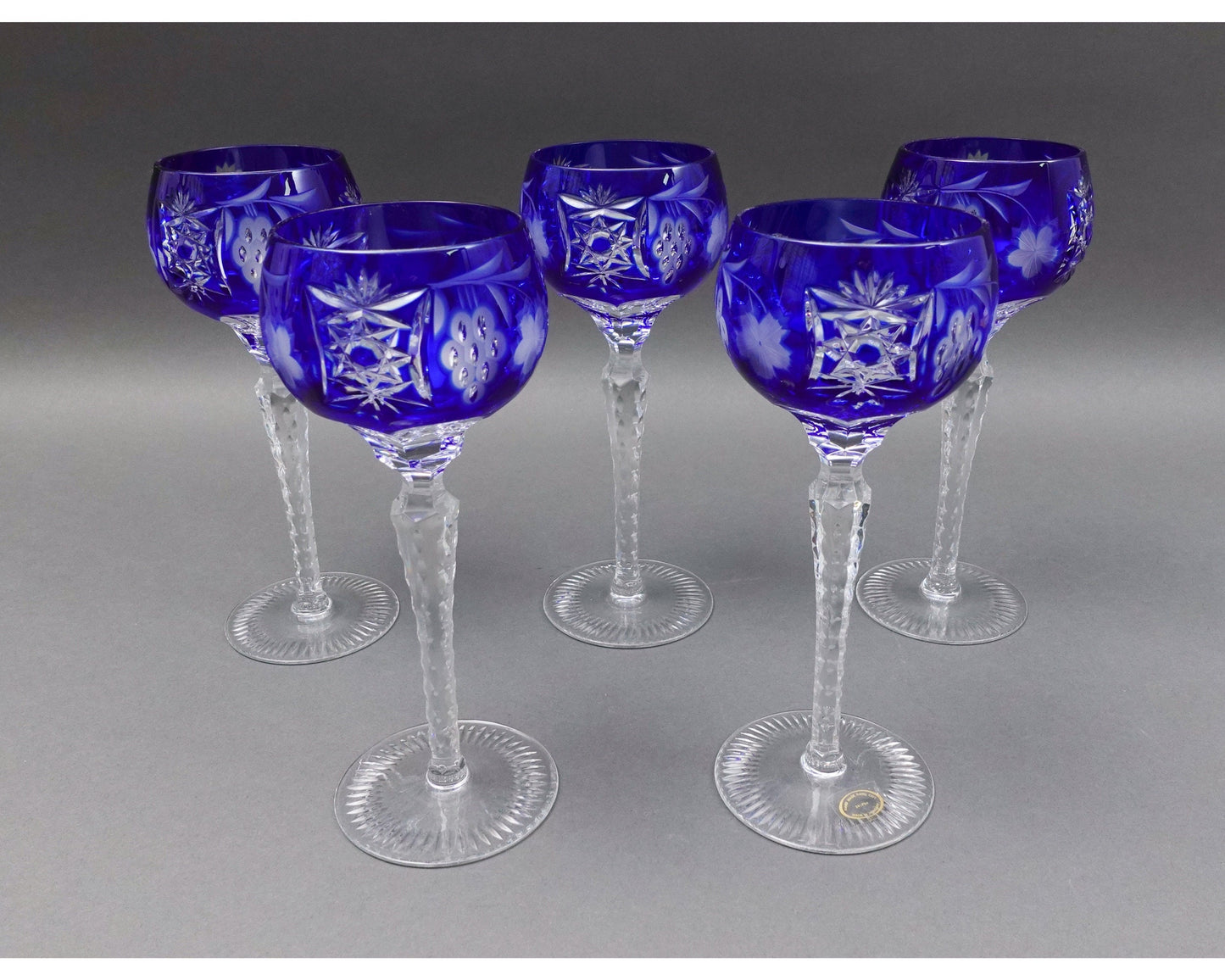 AJKA Crystal Marsala Cobalt Blue Cut To Clear 8.25" Wine Goblet Glasses Set Of 5