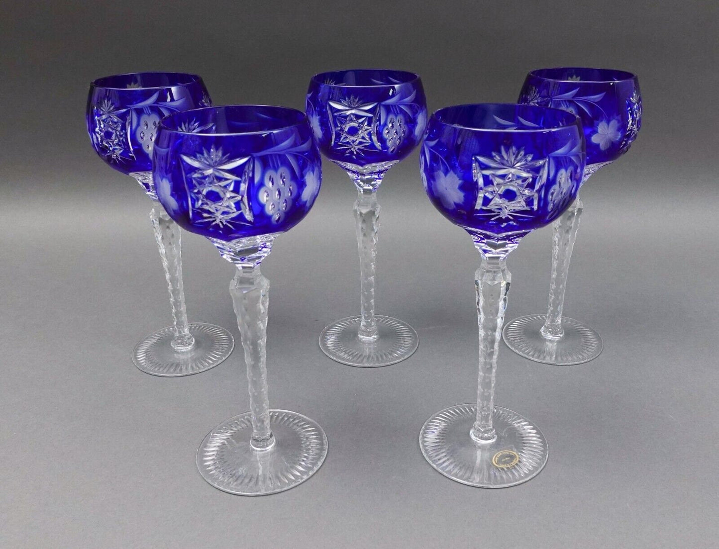 AJKA Crystal Marsala Cobalt Blue Cut To Clear 8.25" Wine Goblet Glasses Set Of 5