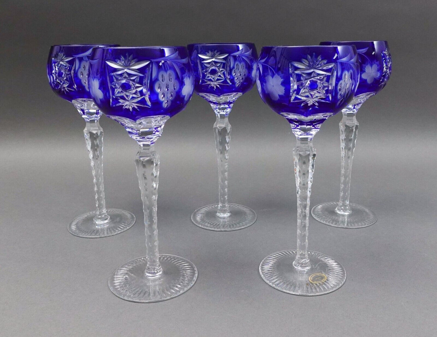 AJKA Crystal Marsala Cobalt Blue Cut To Clear 8.25" Wine Goblet Glasses Set Of 5