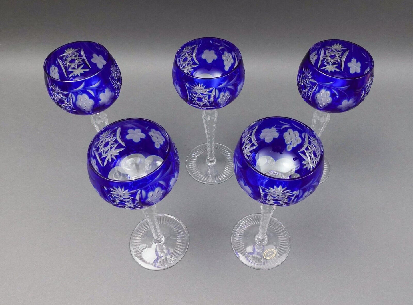 AJKA Crystal Marsala Cobalt Blue Cut To Clear 8.25" Wine Goblet Glasses Set Of 5