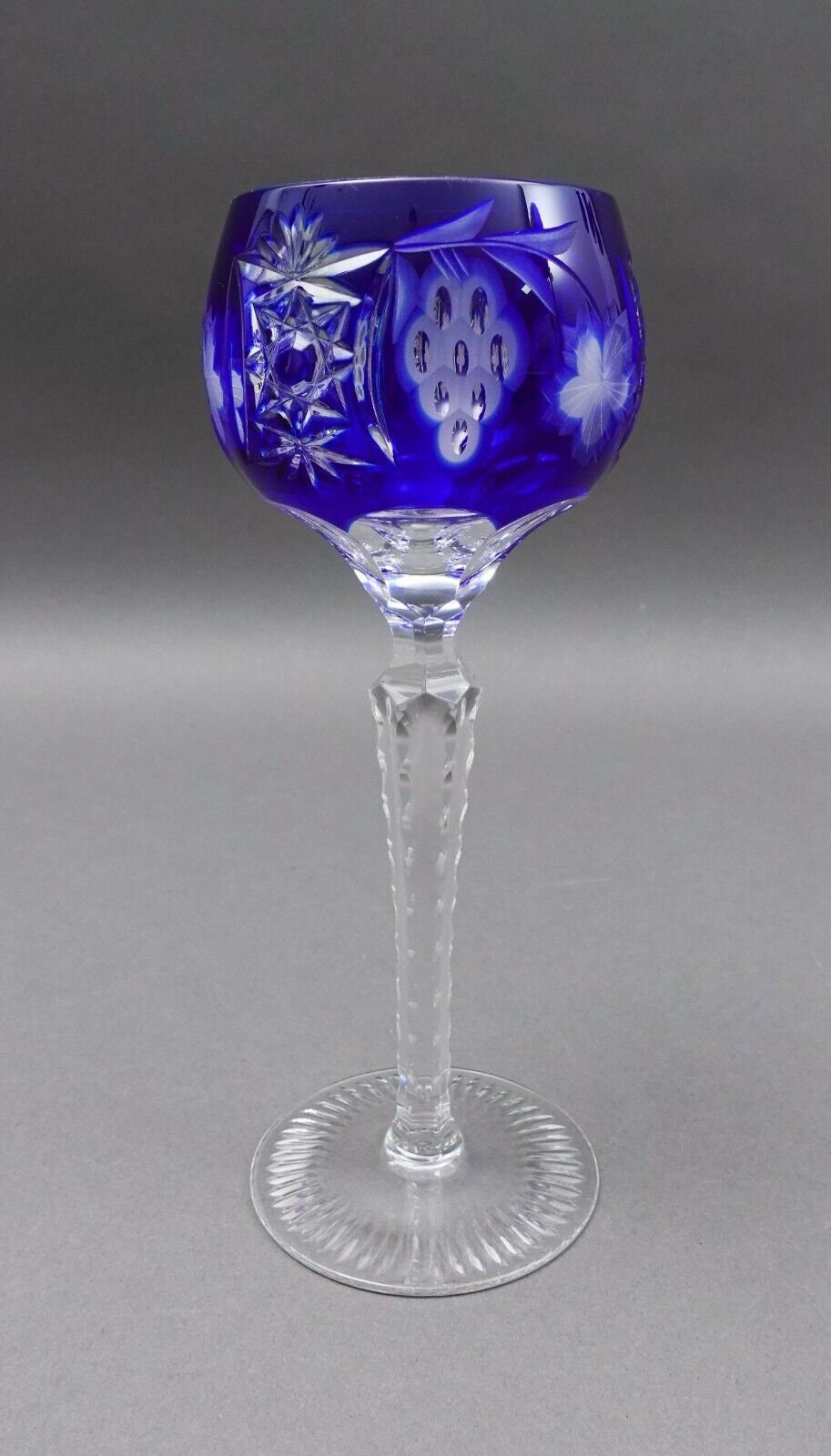 AJKA Crystal Marsala Cobalt Blue Cut To Clear 8.25" Wine Goblet Glasses Set Of 5