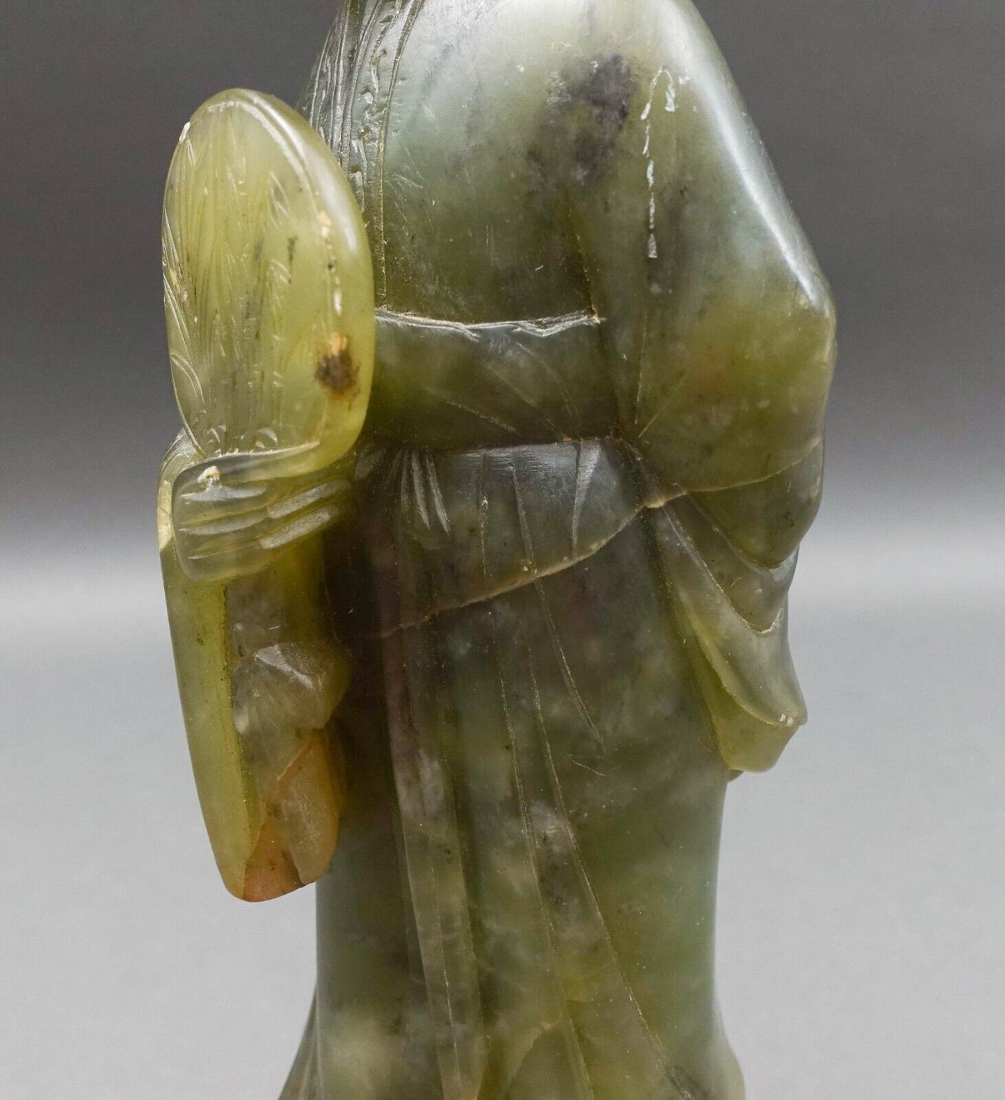 Antique Chinese Jade Carving Statue Of Standing Figure Of Woman Holding Fan 12"