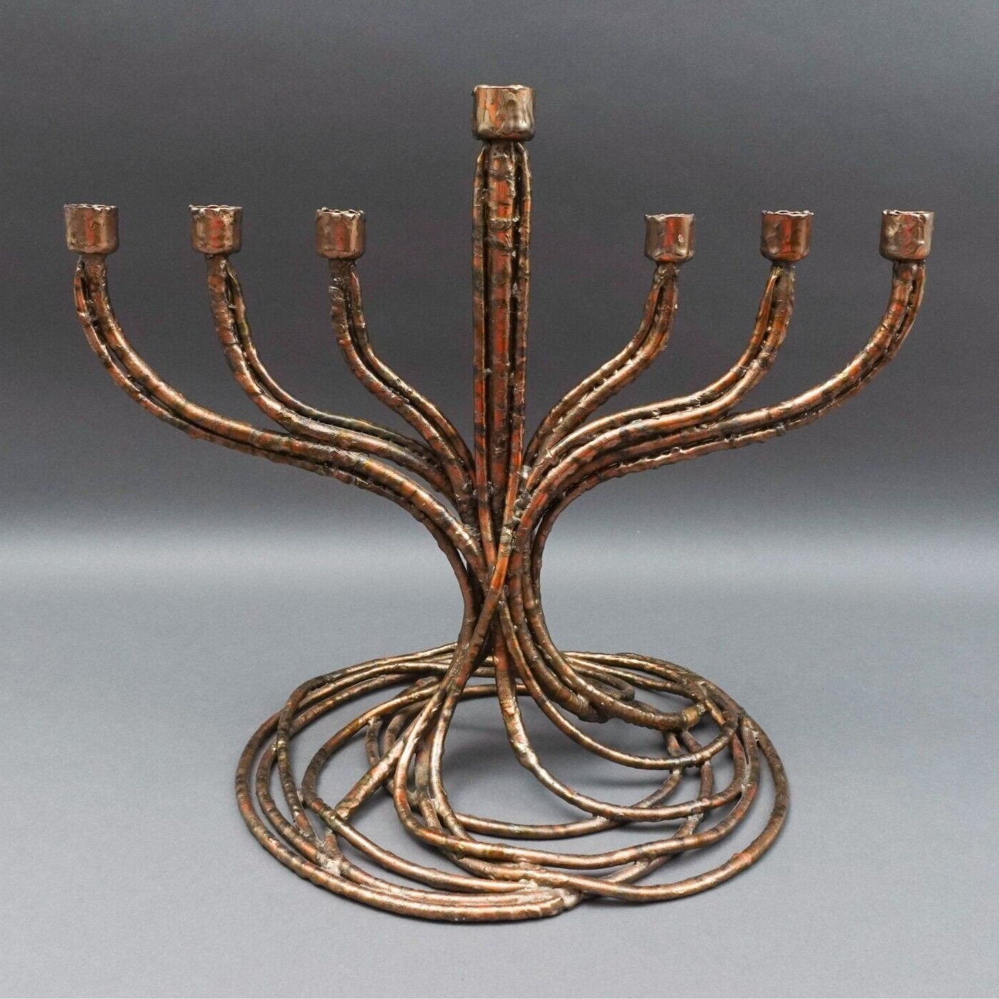 Roy R Butler Signed 1988 Brutalist Copper Judaica Hanukkah Menorah Sculpture 14"