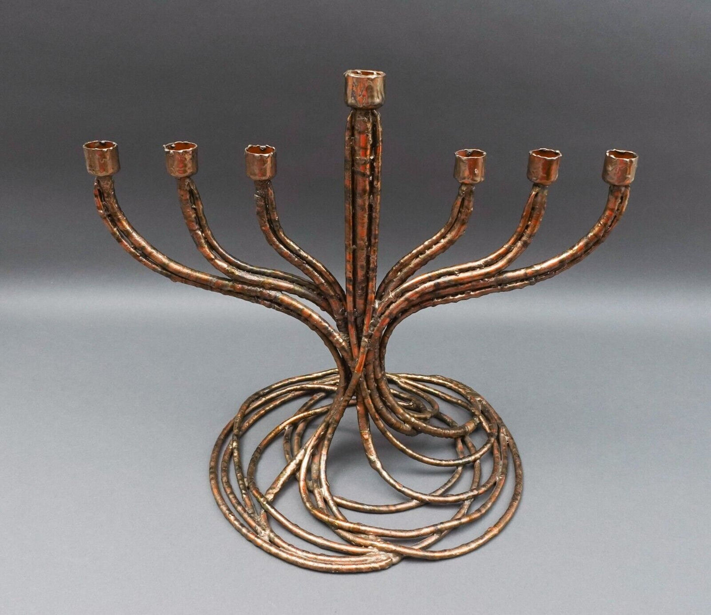 Roy R Butler Signed 1988 Brutalist Copper Judaica Hanukkah Menorah Sculpture 14"