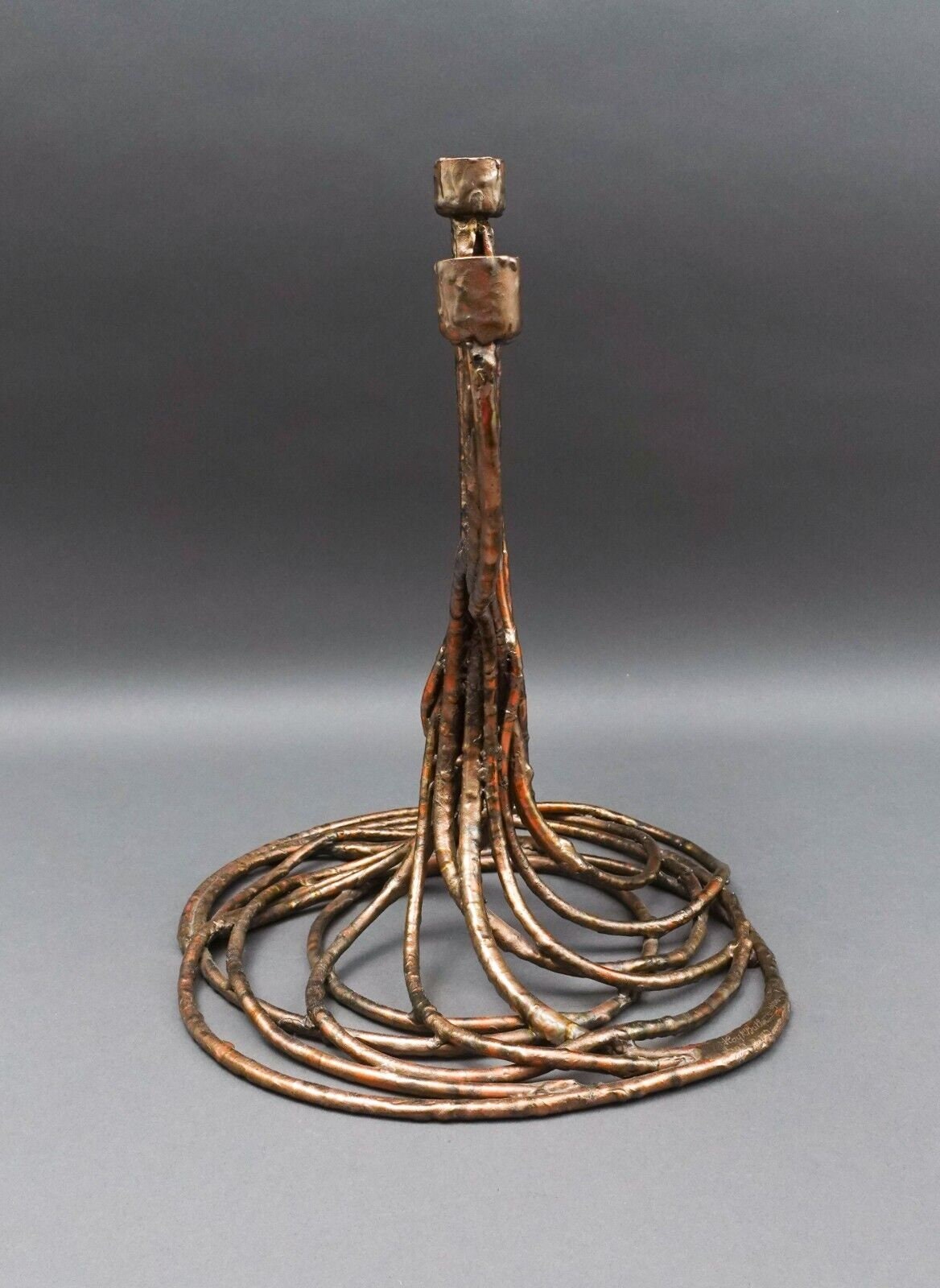 Roy R Butler Signed 1988 Brutalist Copper Judaica Hanukkah Menorah Sculpture 14"