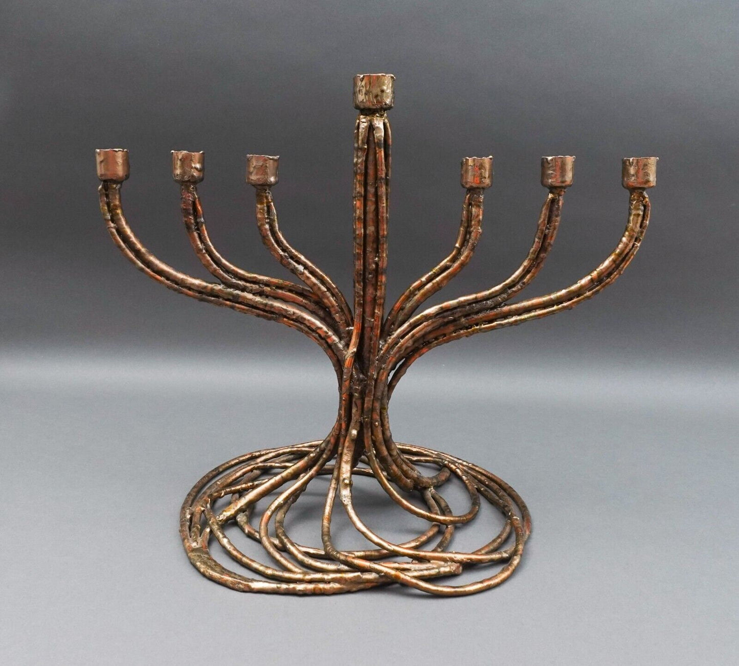 Roy R Butler Signed 1988 Brutalist Copper Judaica Hanukkah Menorah Sculpture 14"