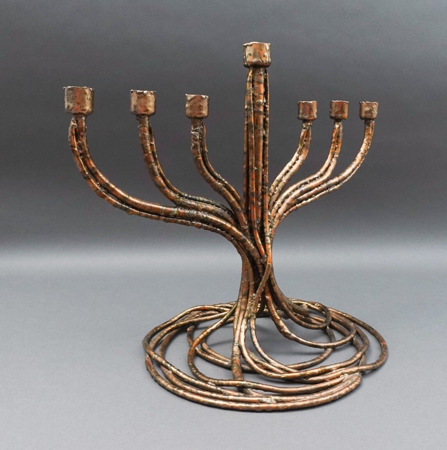 Roy R Butler Signed 1988 Brutalist Copper Judaica Hanukkah Menorah Sculpture 14"