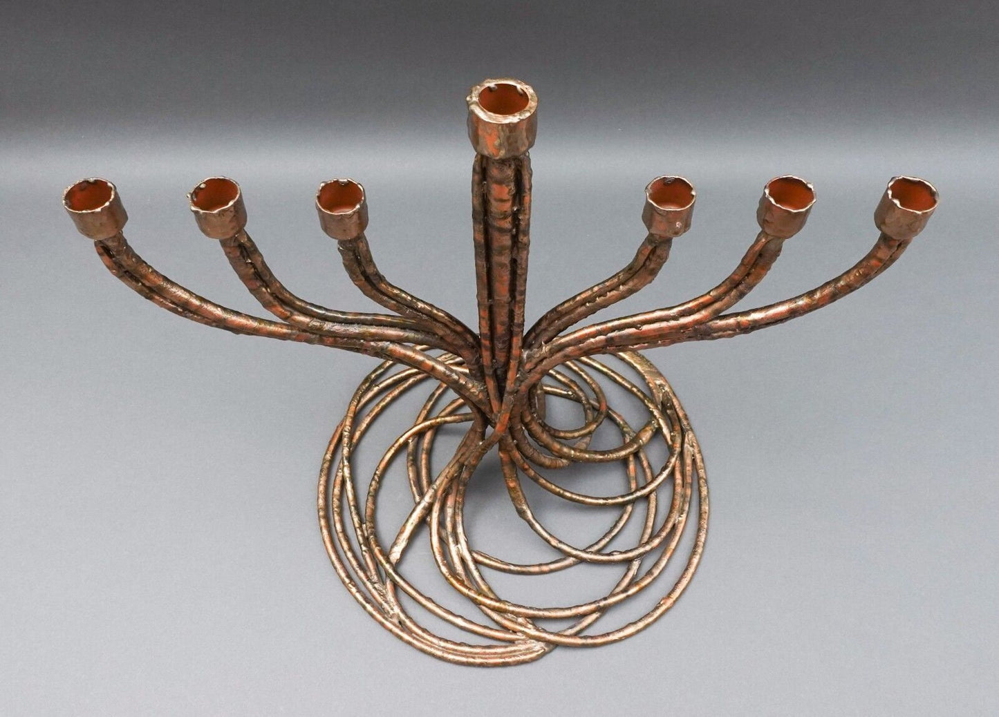 Roy R Butler Signed 1988 Brutalist Copper Judaica Hanukkah Menorah Sculpture 14"