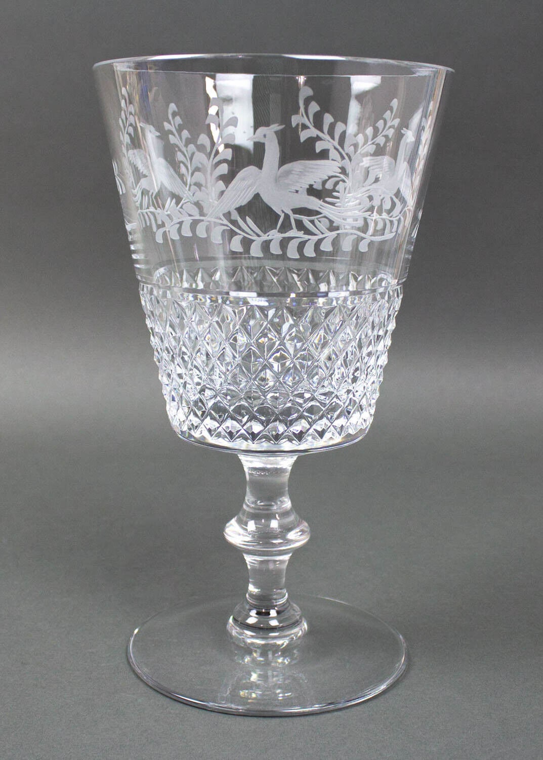 Val St. Lambert Birds of Paradise Etched Cut Crystal Glass Vase Pedestal Base