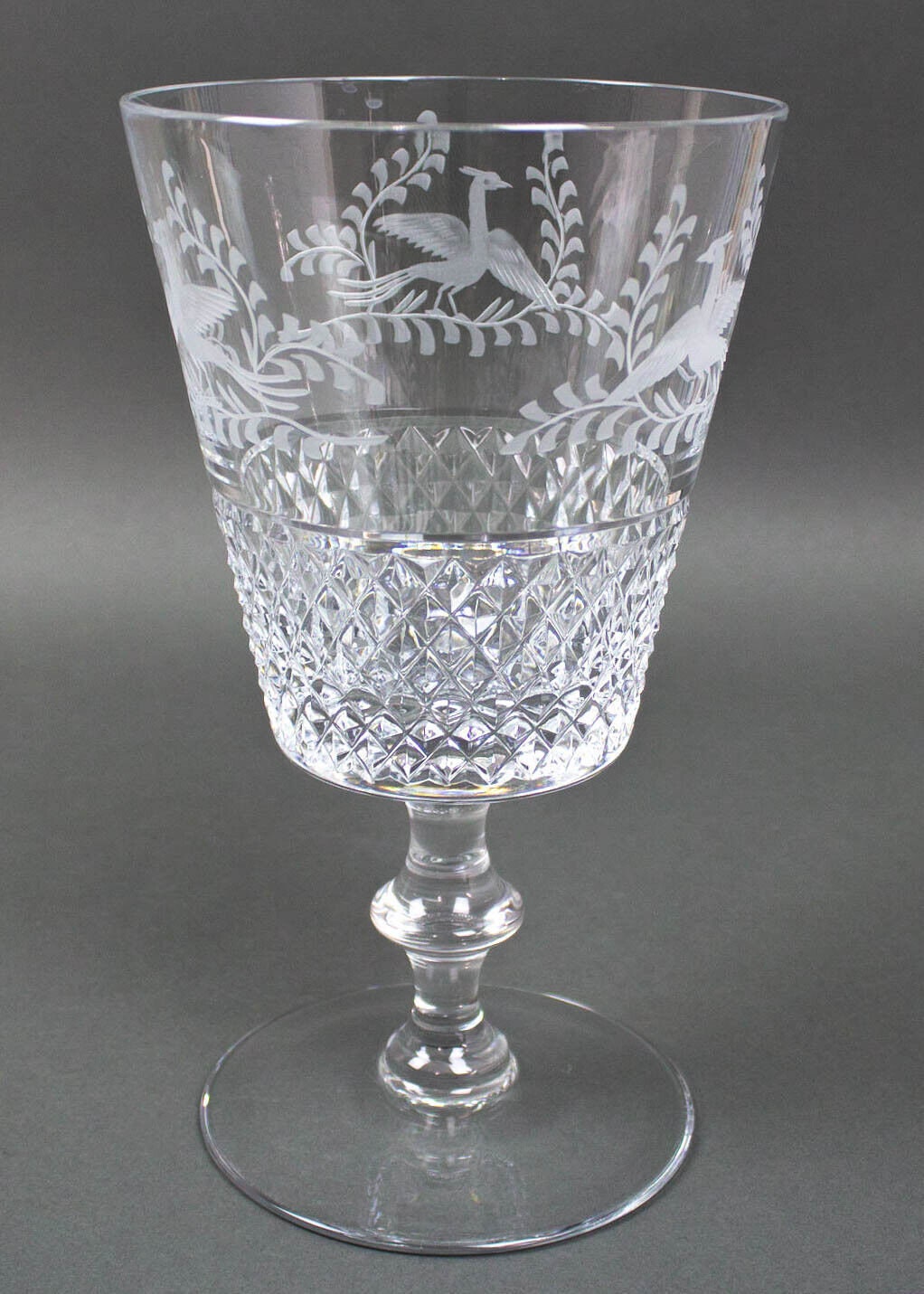 Val St. Lambert Birds of Paradise Etched Cut Crystal Glass Vase Pedestal Base