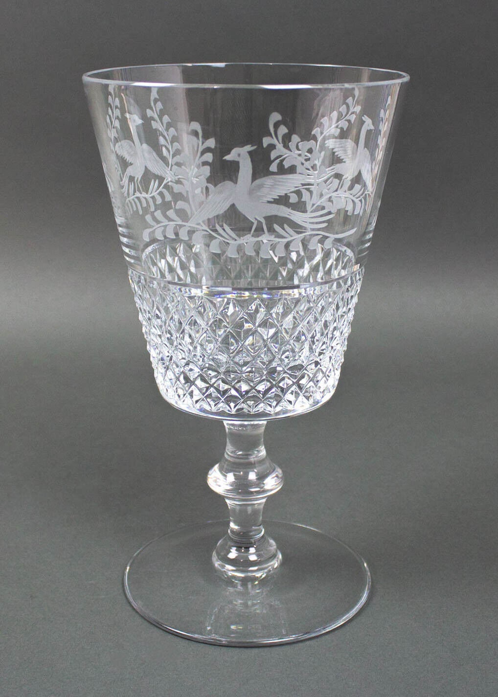 Val St. Lambert Birds of Paradise Etched Cut Crystal Glass Vase Pedestal Base