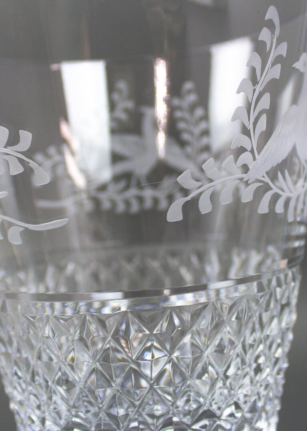 Val St. Lambert Birds of Paradise Etched Cut Crystal Glass Vase Pedestal Base
