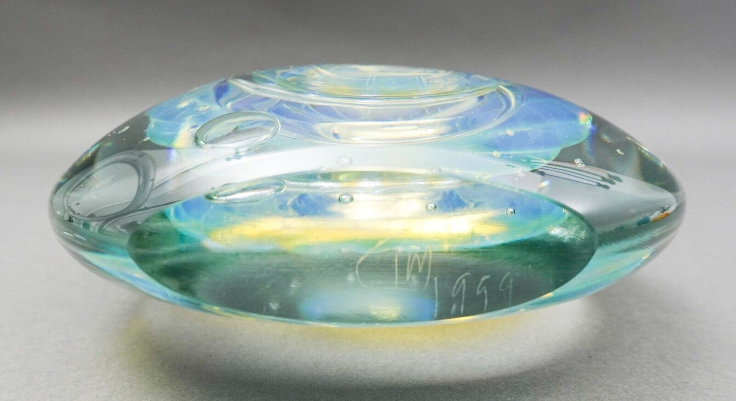 Artist Signed 1999 Signed Iridescent Hand Blown Art Glass Paperweight Rare