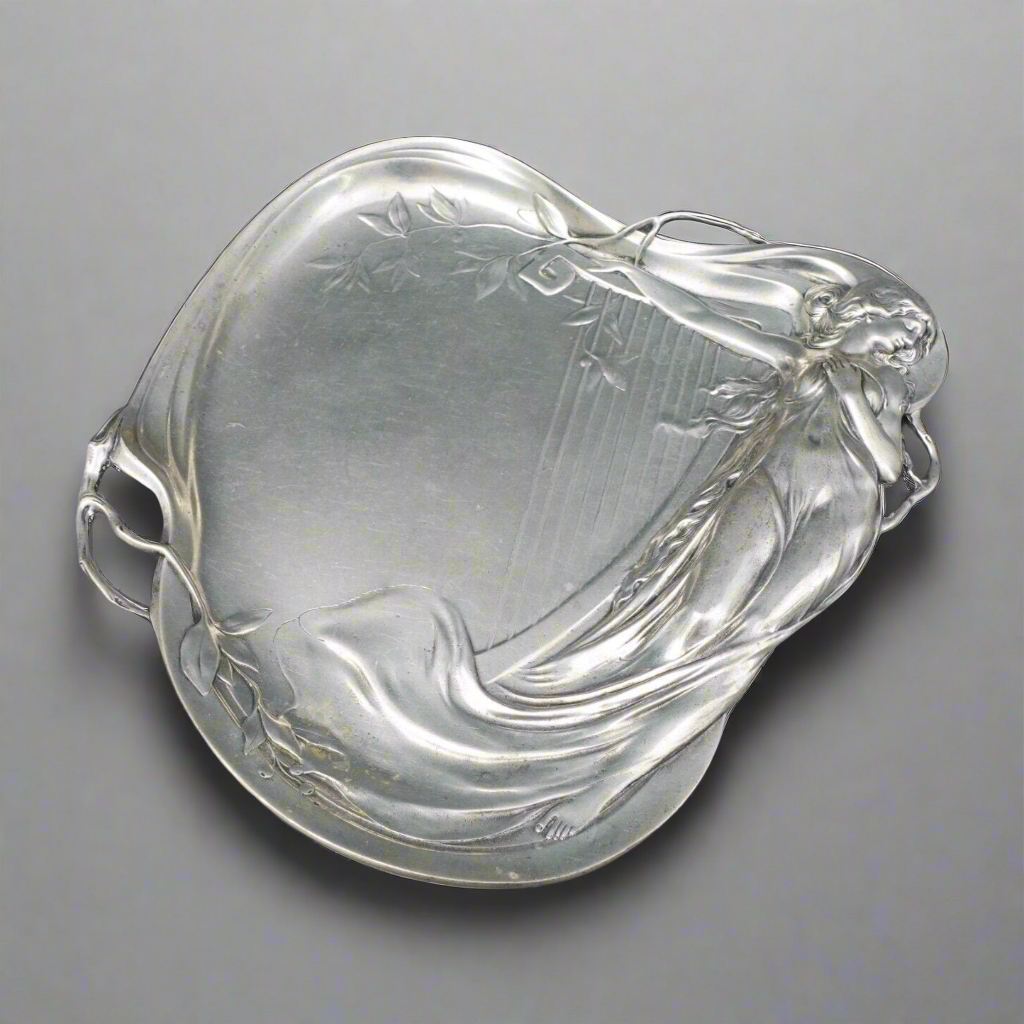 Achille Gamba (Italy 1881-1944) Art Nouveau Maiden & Harp 1155 Pewter Tray Plate