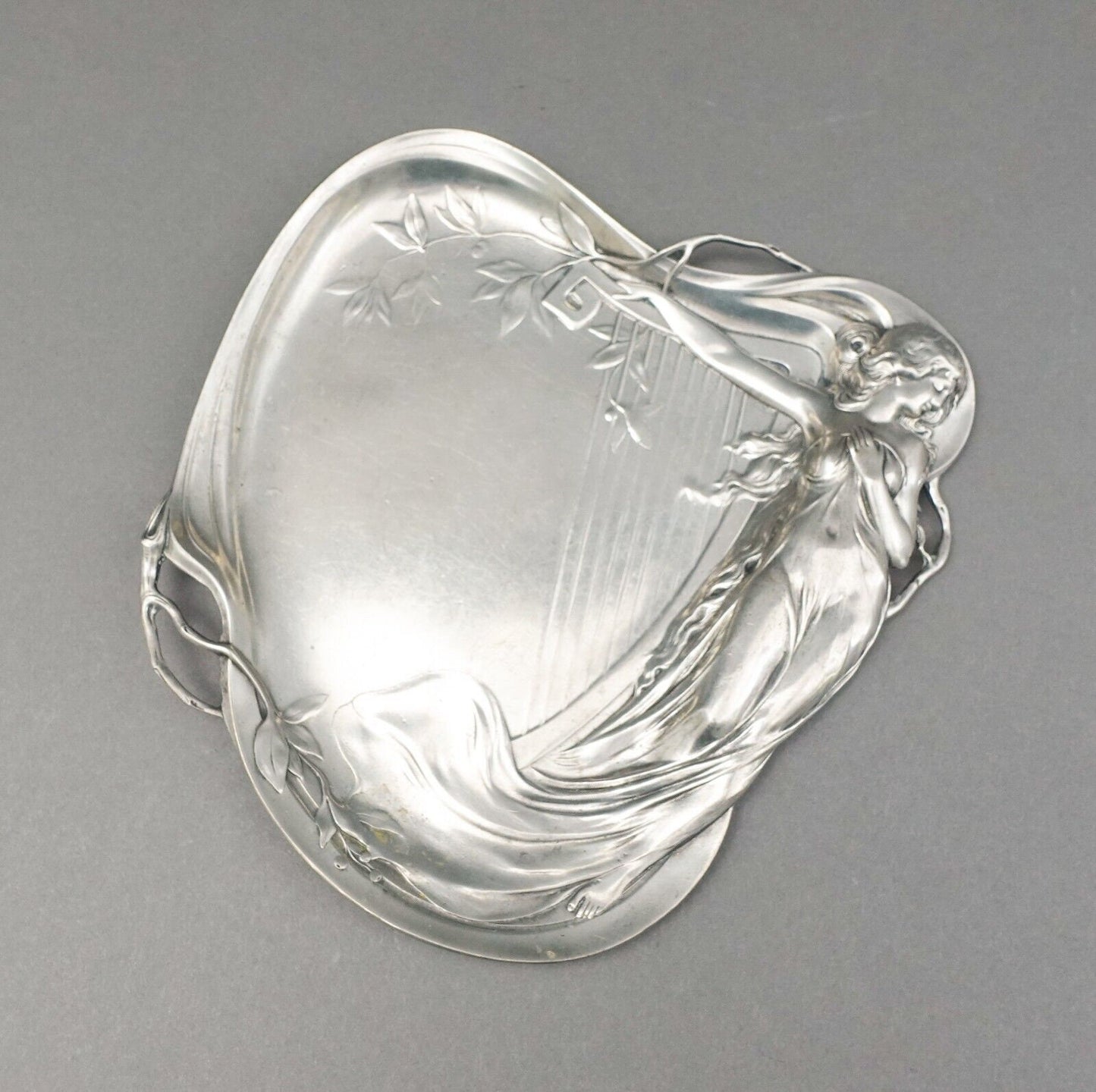 Achille Gamba (Italy 1881-1944) Art Nouveau Maiden & Harp 1155 Pewter Tray Plate