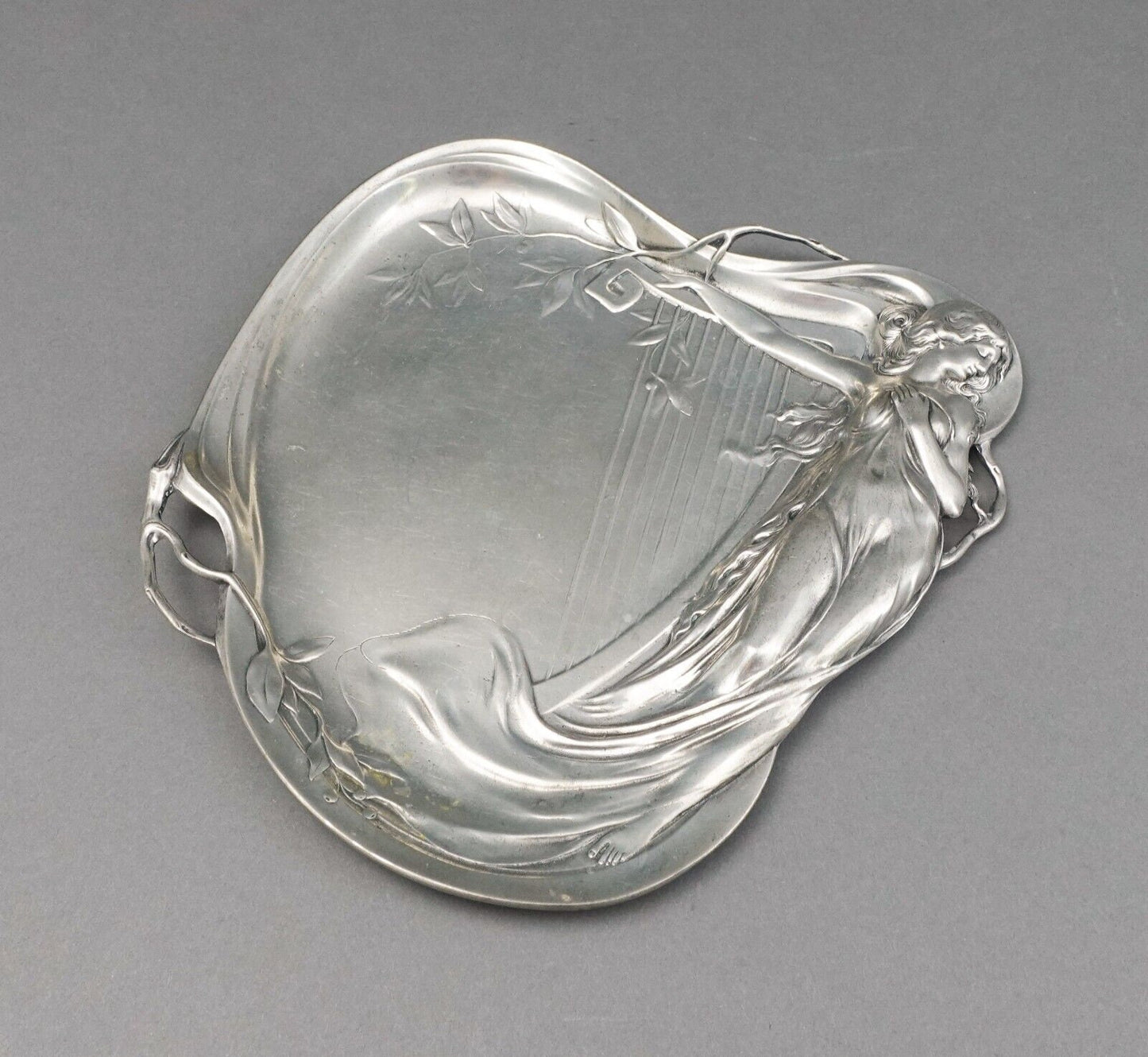 Achille Gamba (Italy 1881-1944) Art Nouveau Maiden & Harp 1155 Pewter Tray Plate