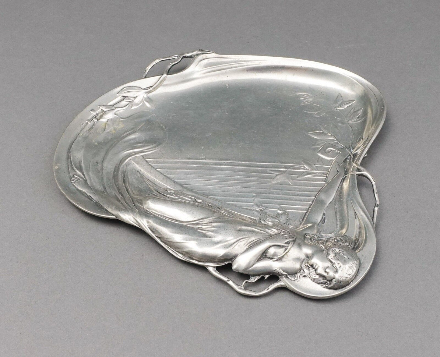 Achille Gamba (Italy 1881-1944) Art Nouveau Maiden & Harp 1155 Pewter Tray Plate