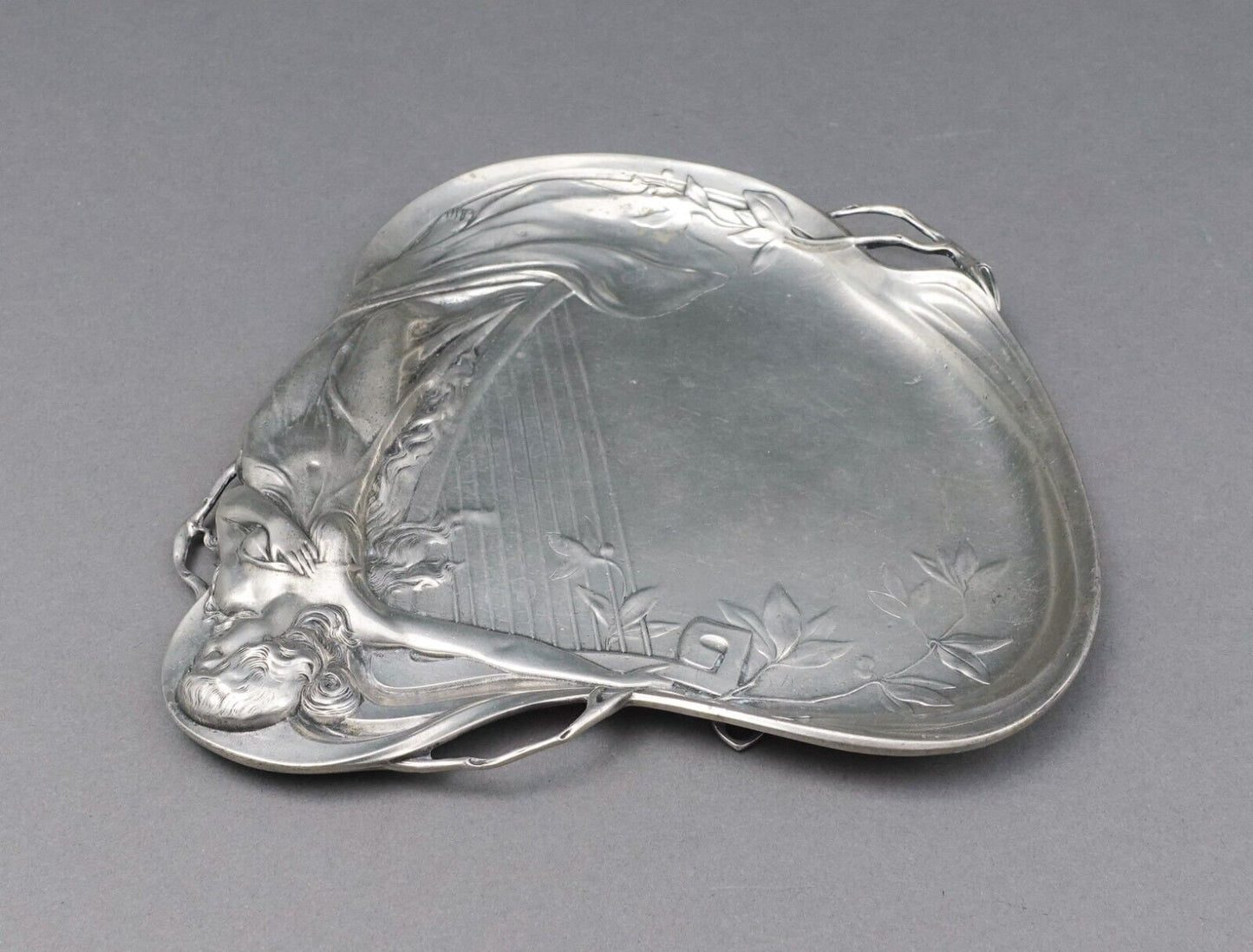 Achille Gamba (Italy 1881-1944) Art Nouveau Maiden & Harp 1155 Pewter Tray Plate
