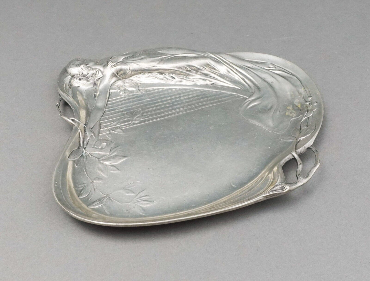 Achille Gamba (Italy 1881-1944) Art Nouveau Maiden & Harp 1155 Pewter Tray Plate