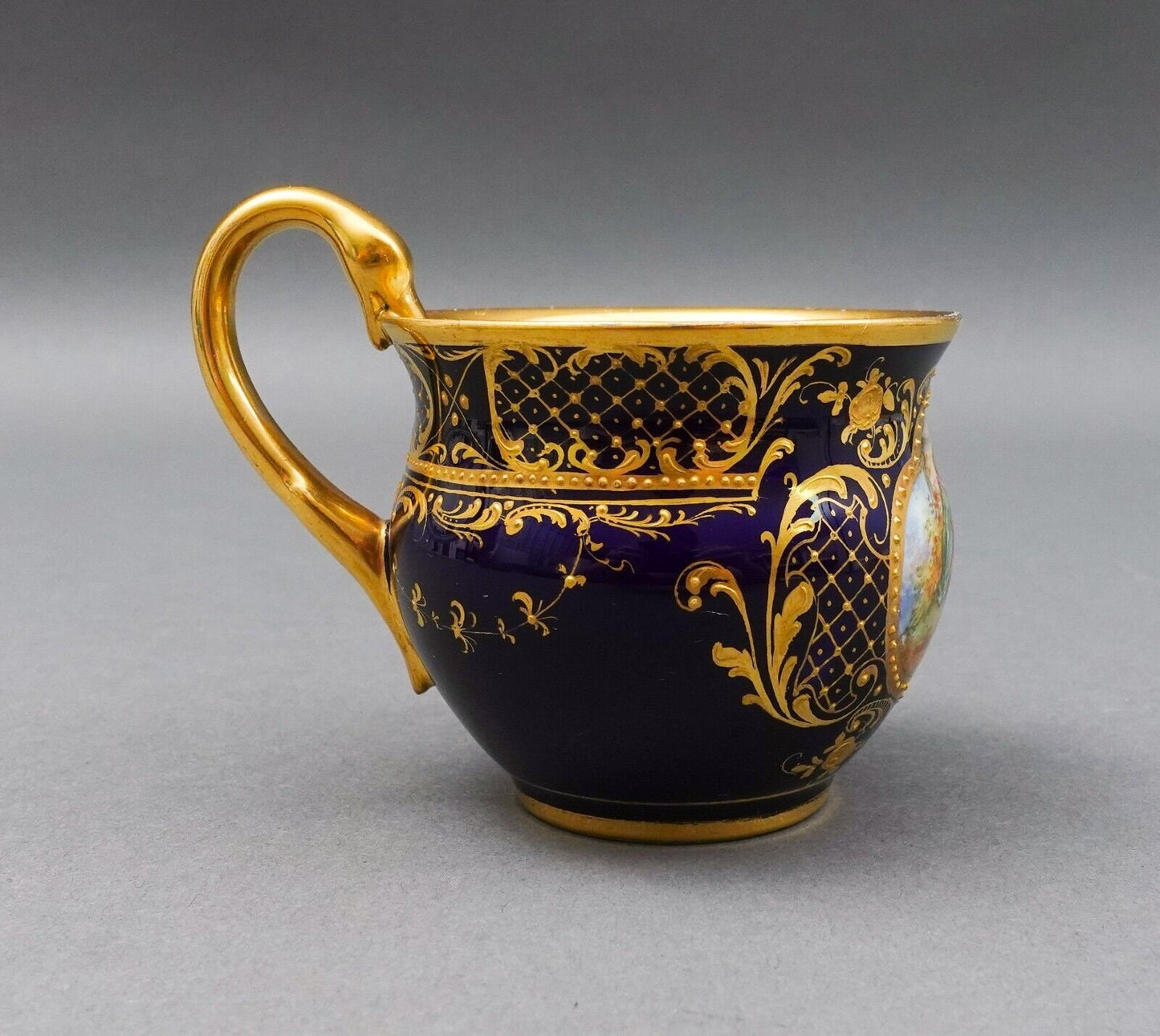 Meissen Antique Cobalt Blue Gold Hand Painted Couple Porcelain Tea Cup (Read)